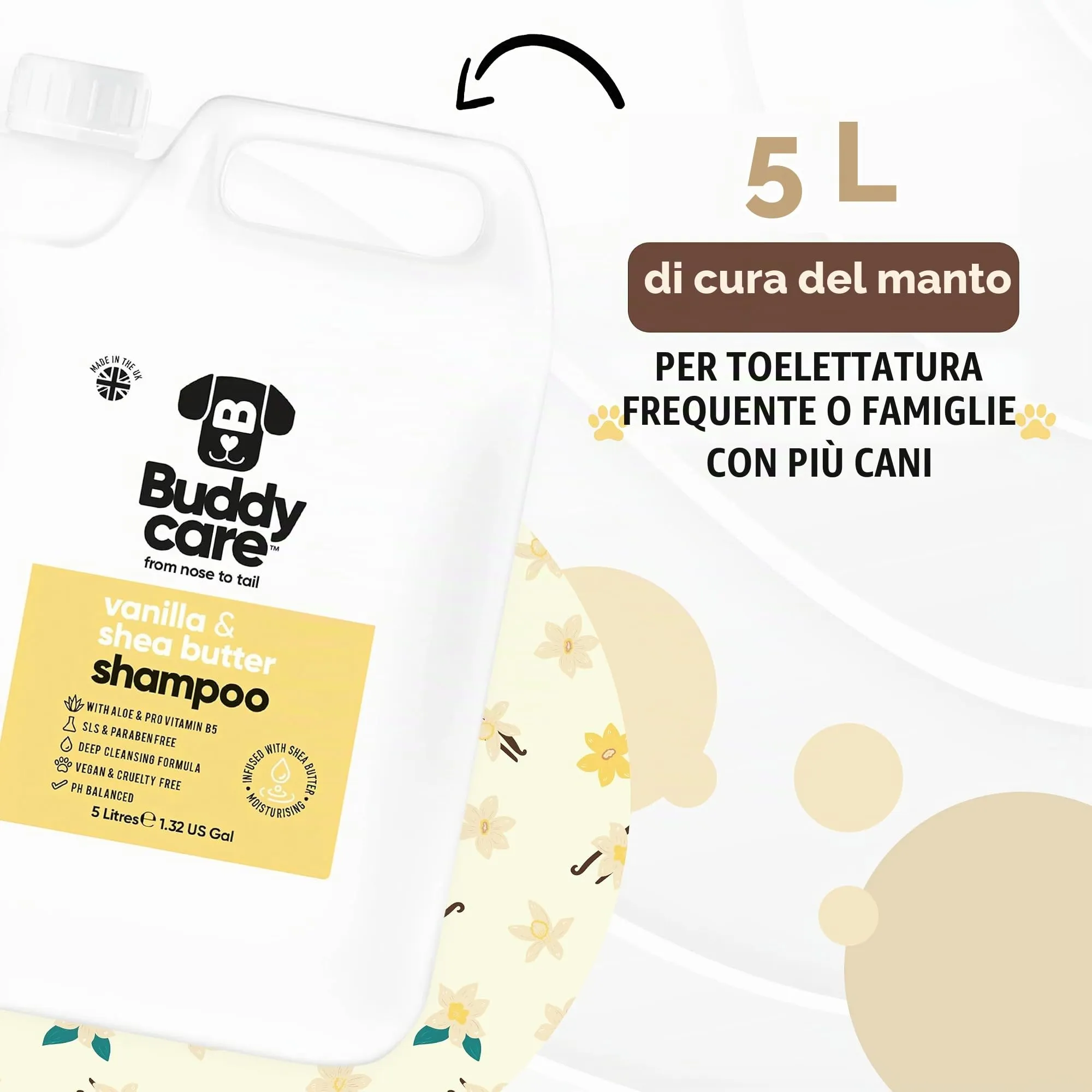 Buddycare Shampoo per Cani alla Vaniglia e Burro di Karité con Aloe Vera e B5, 5L - immagine 6