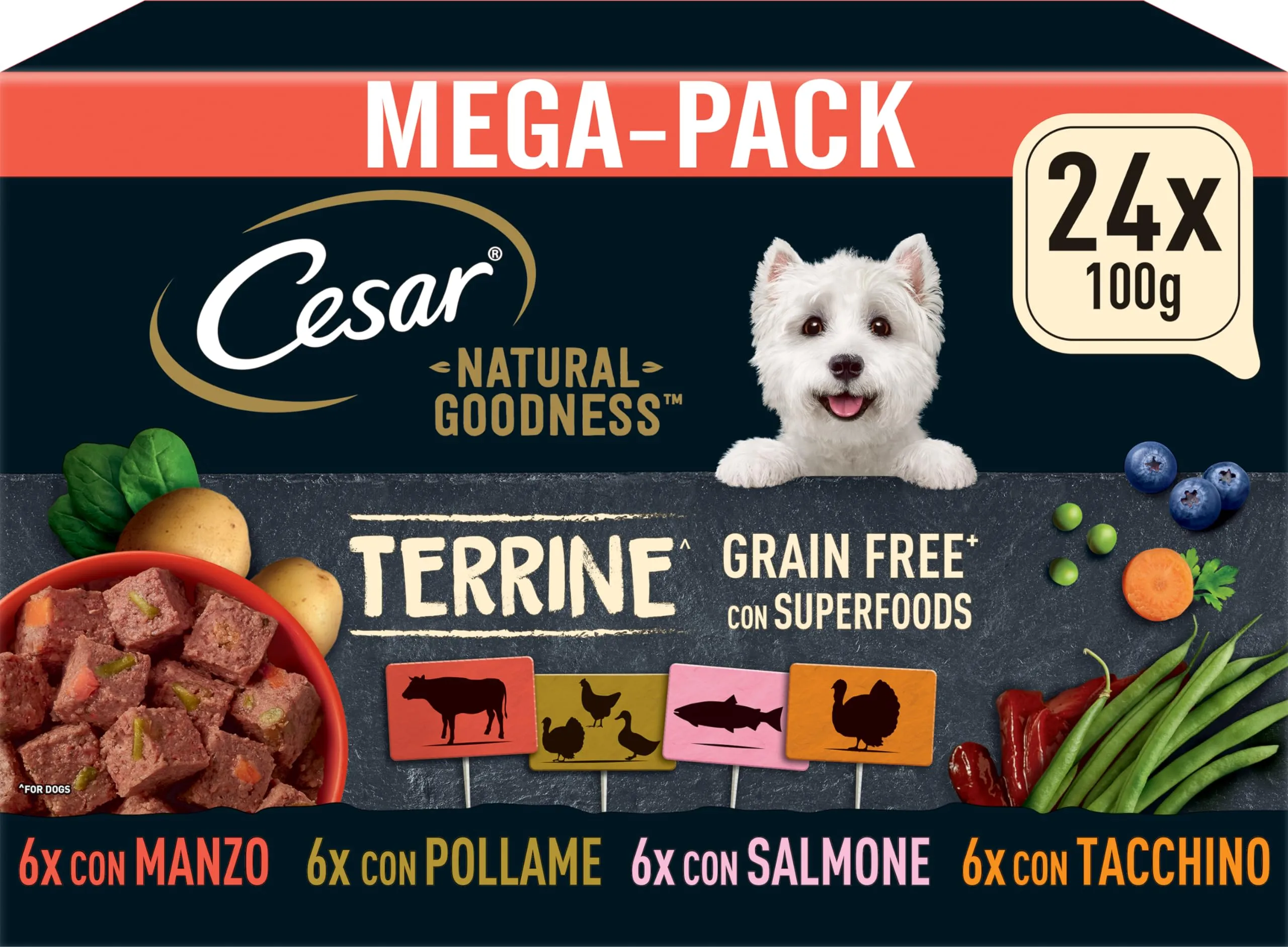 Cesar Natural Goodness Cibo Umido per Cani, Pollame, Tacchino, Manzo e Salmone in Patè, 24 Vaschette da 100g - immagine 1