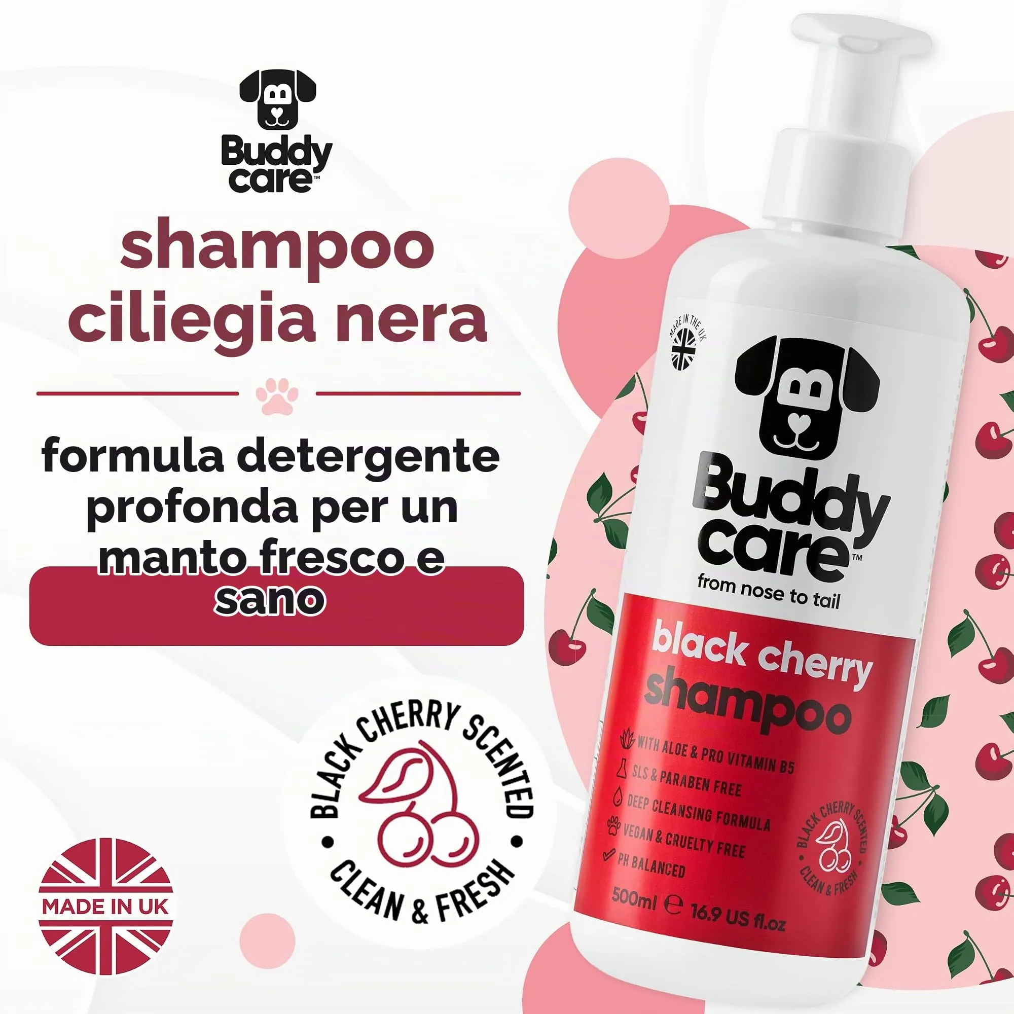 Buddycare Shampoo per cani, Pulizia profonda con Aloe Vera e Pro Vitamina B5, Amarena, 500 ml - immagine 2