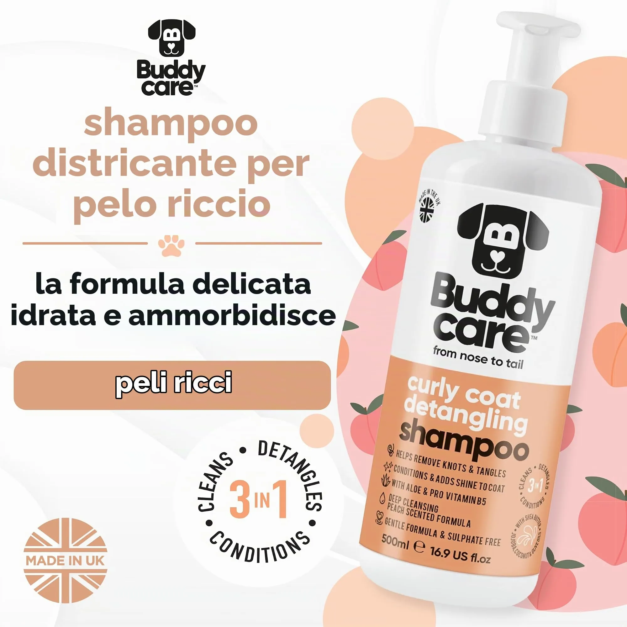 Buddycare Shampoo Districante per Cani a Pelo Riccio, Detergente Profondo con Aloe Vera e Pro Vitamina B5, Profumo di Pesca (500ml) - immagine 2