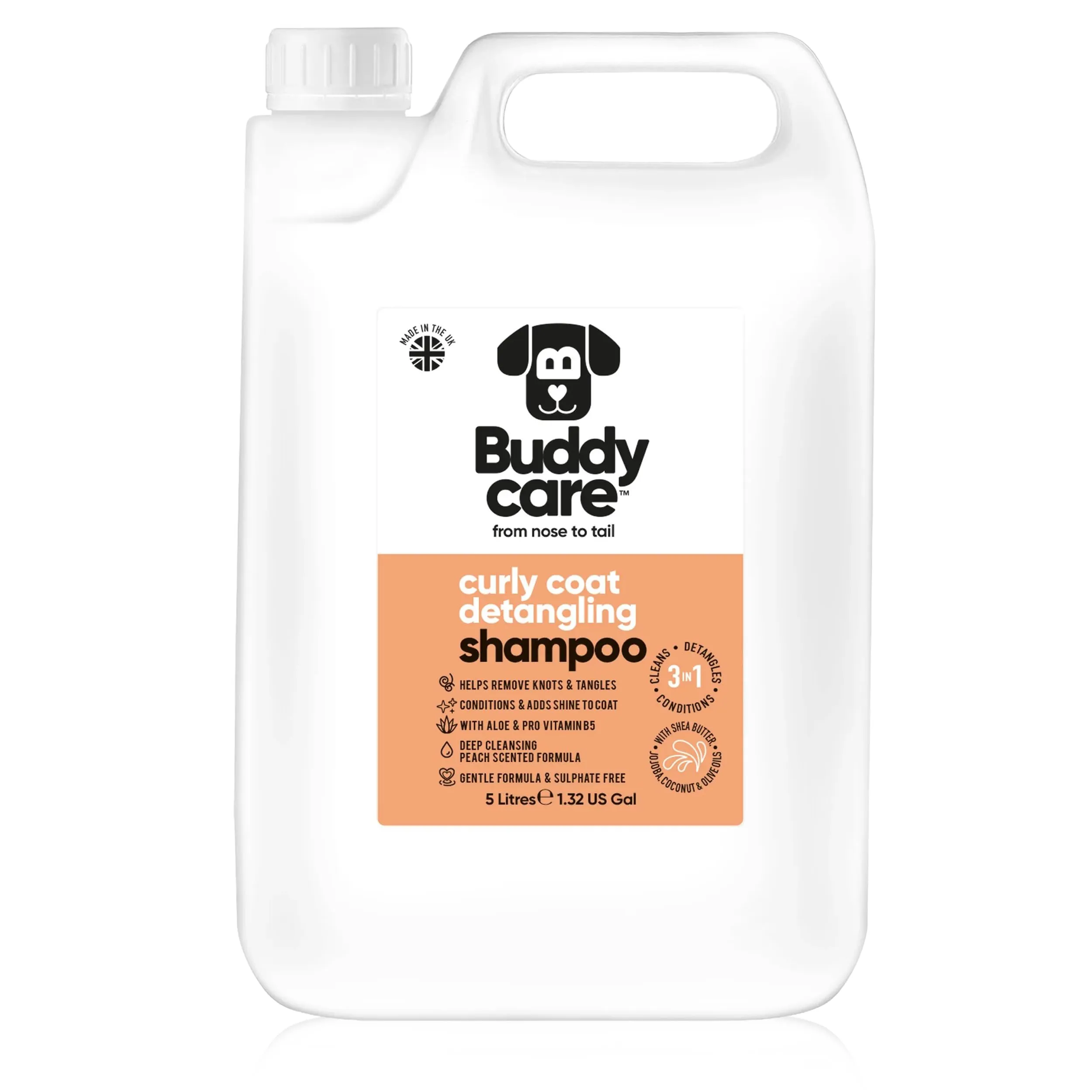 Buddycare Shampoo Districante per Cani a Pelo Riccio, Detergente Profondo con Aloe Vera e Pro Vitamina B5, Profumo di Pesca (5L) - immagine 1