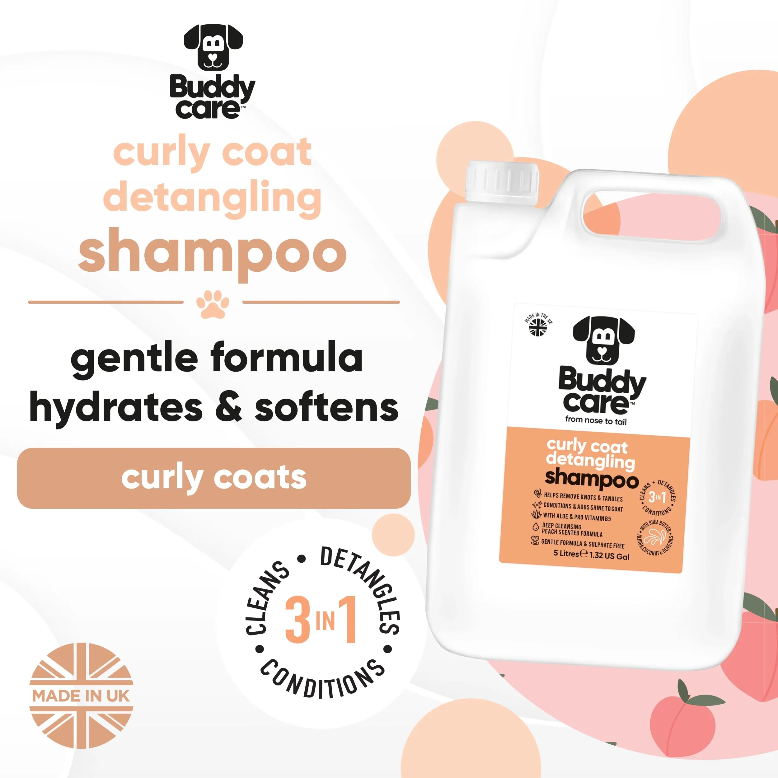 Buddycare Shampoo Districante per Cani a Pelo Riccio, Detergente Profondo con Aloe Vera e Pro Vitamina B5, Profumo di Pesca (5L) - immagine 2