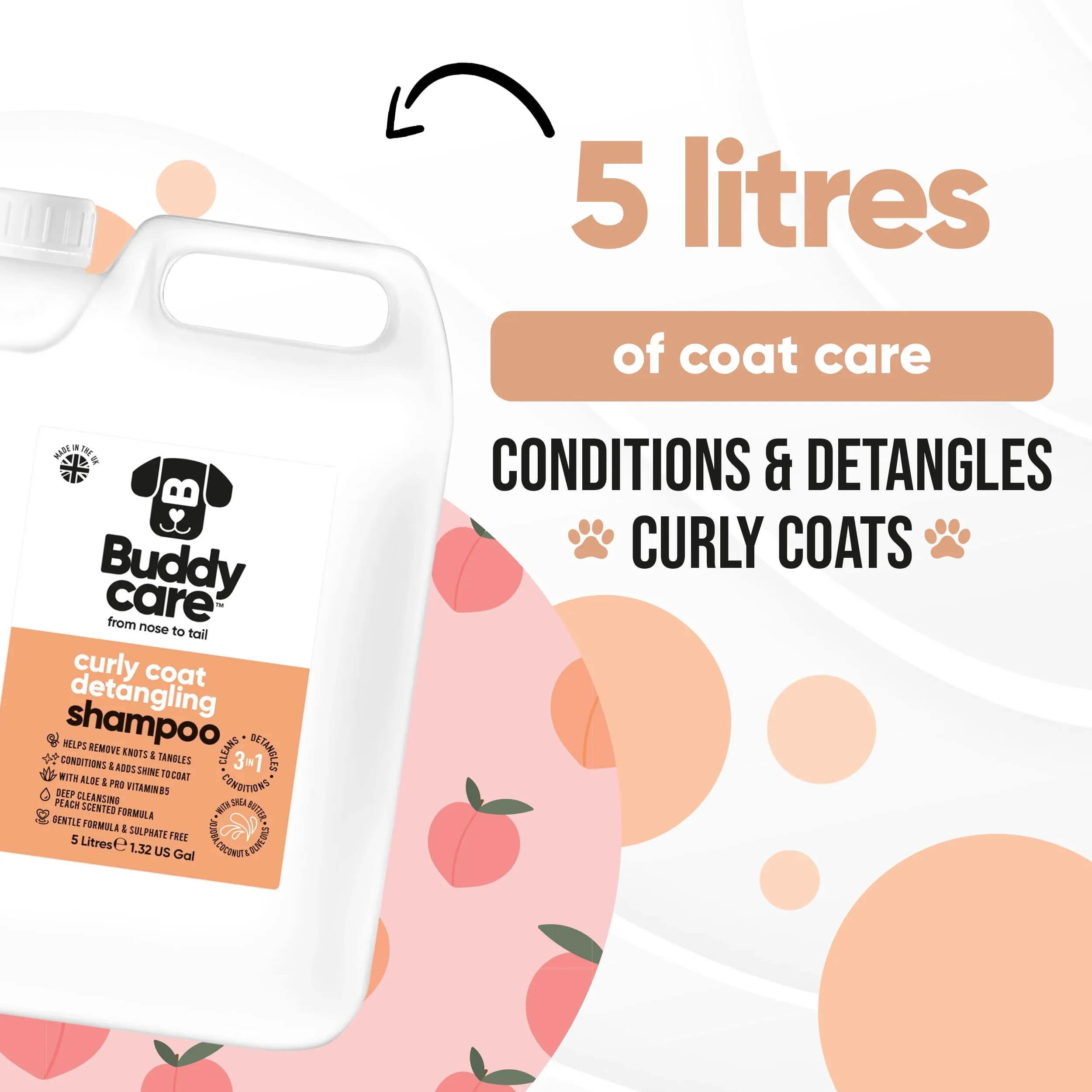 Buddycare Shampoo Districante per Cani a Pelo Riccio, Detergente Profondo con Aloe Vera e Pro Vitamina B5, Profumo di Pesca (5L) - immagine 6