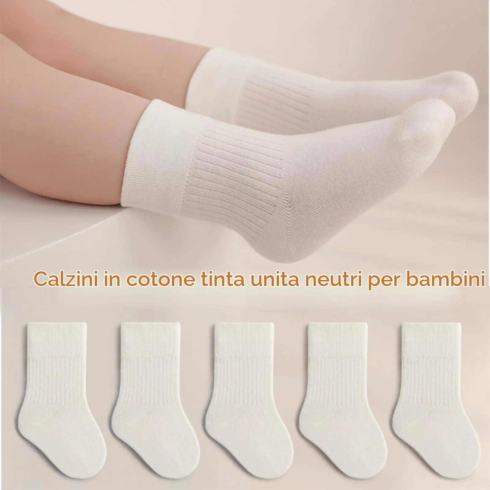 QIYIENDIAN Calzini in cotone elastici a colori solidi per bambini, 5 paia, Bianco, 1-3 anni - immagine 3