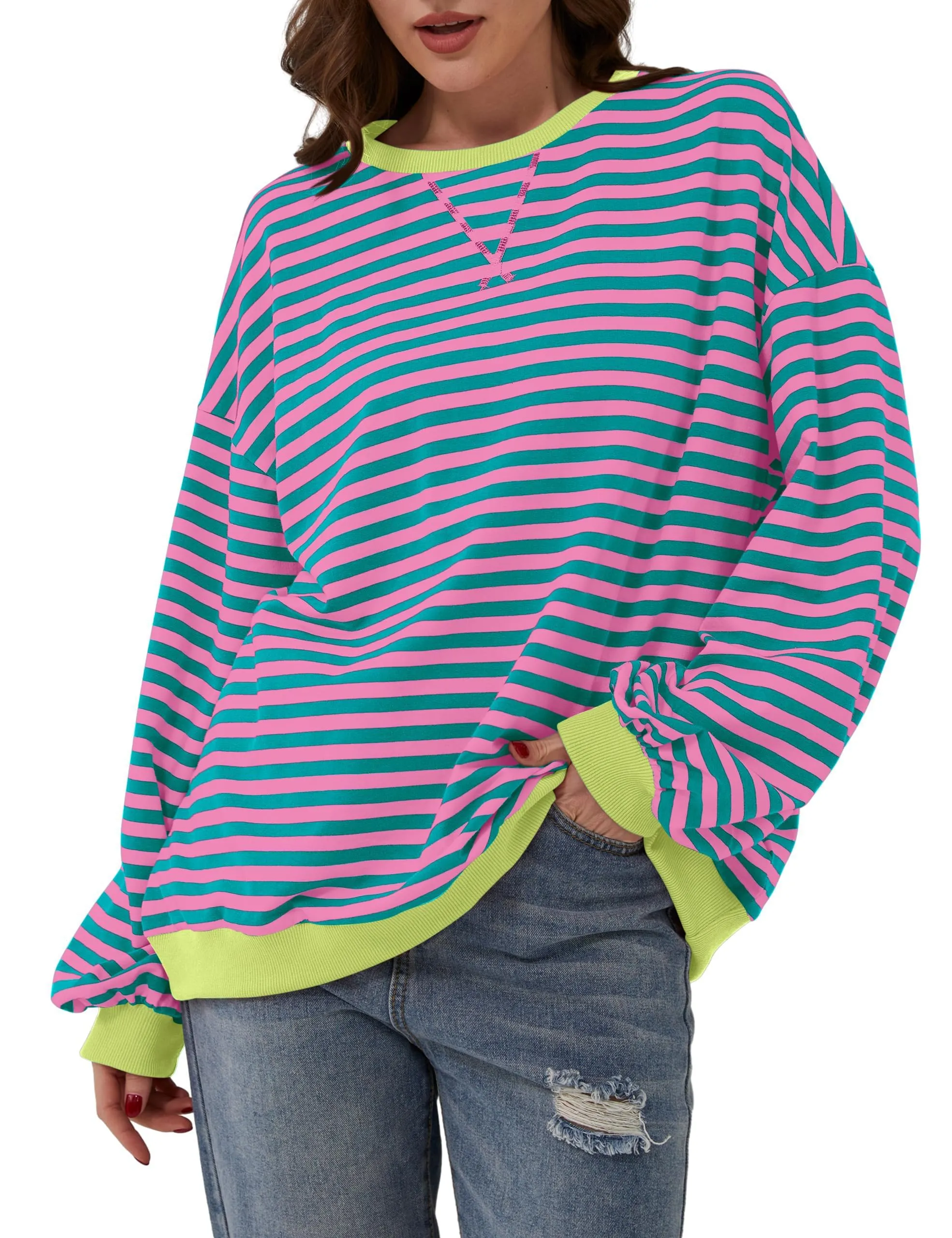 DUOEASE Felpa Donna Oversize a Righe Manica Lunga Top Y2K - immagine 2