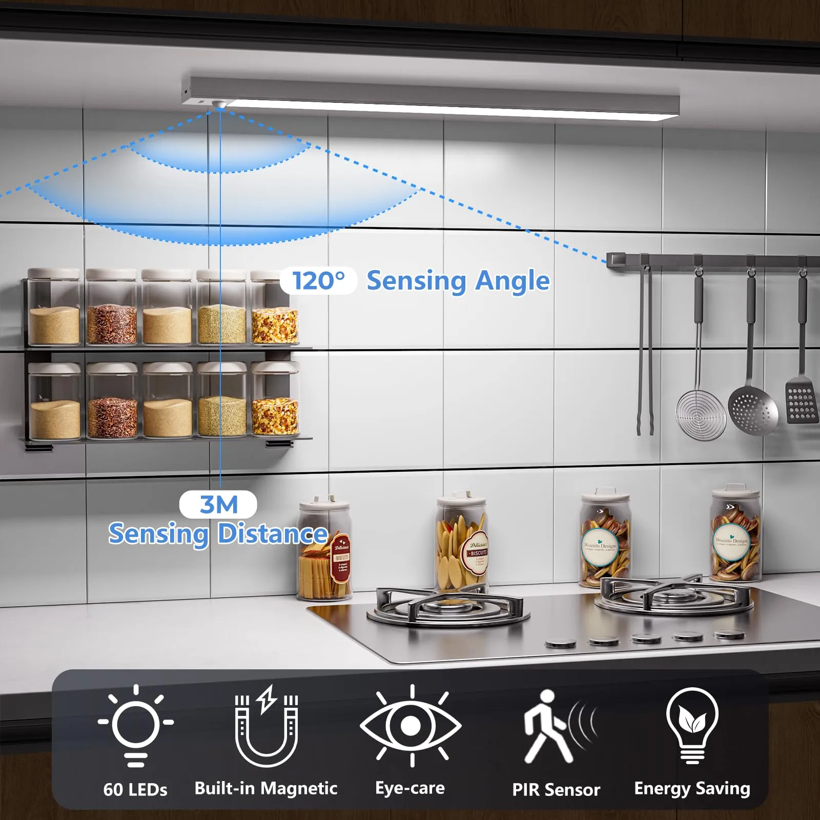 OUILA Luce Armadio LED con Sensore di Movimento, Luci Sottopensile Cucina, 32cm x 2 Pezzi, GLS-C004 - immagine 4