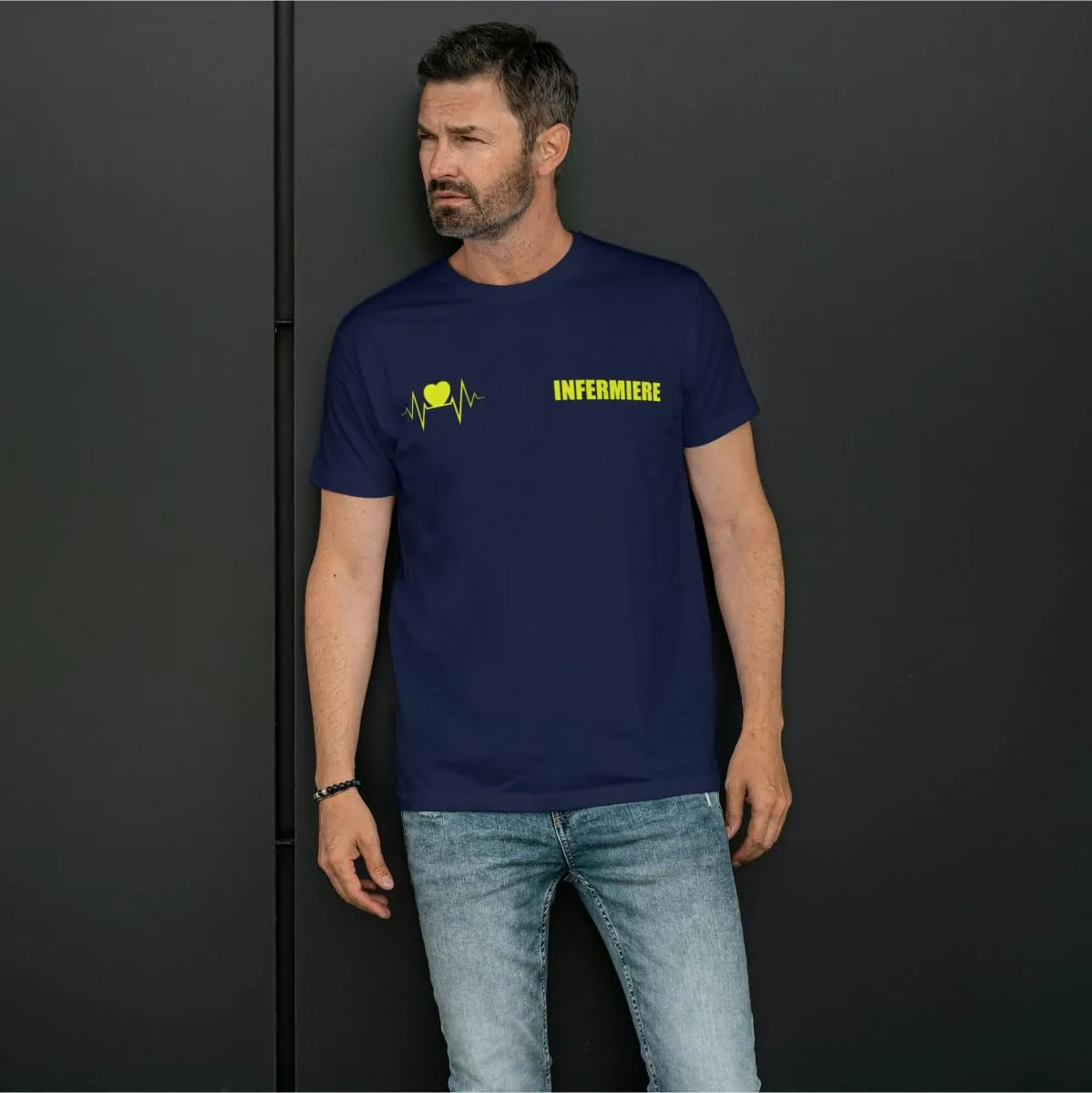 T-shirt in cotone per infermiere 118 soccorso con stampa fluo fronte e retro - Blu Navy, L - immagine 2