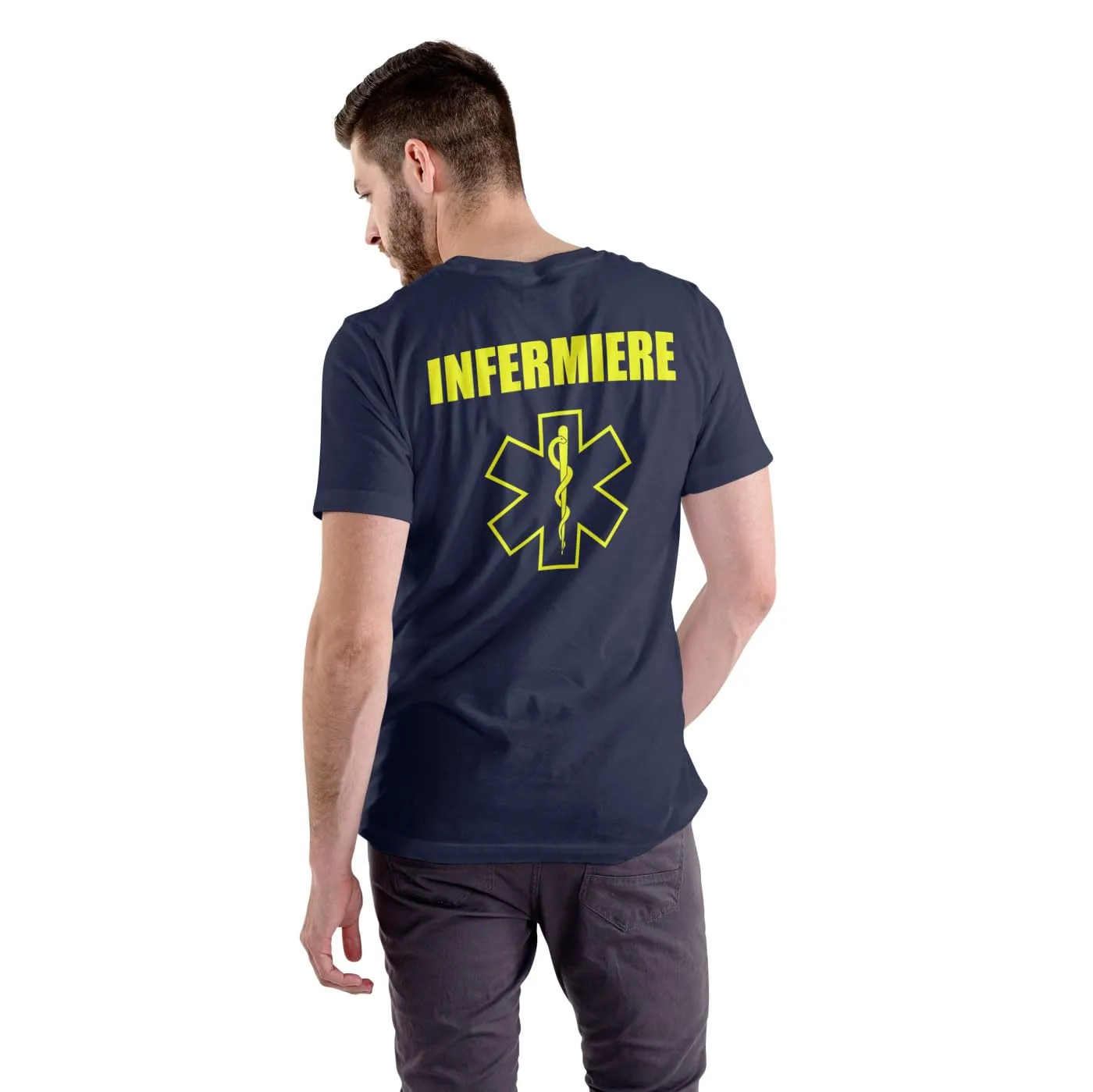 T-shirt in cotone per infermiere 118 soccorso con stampa fluo fronte e retro - Blu Navy, L - immagine 3