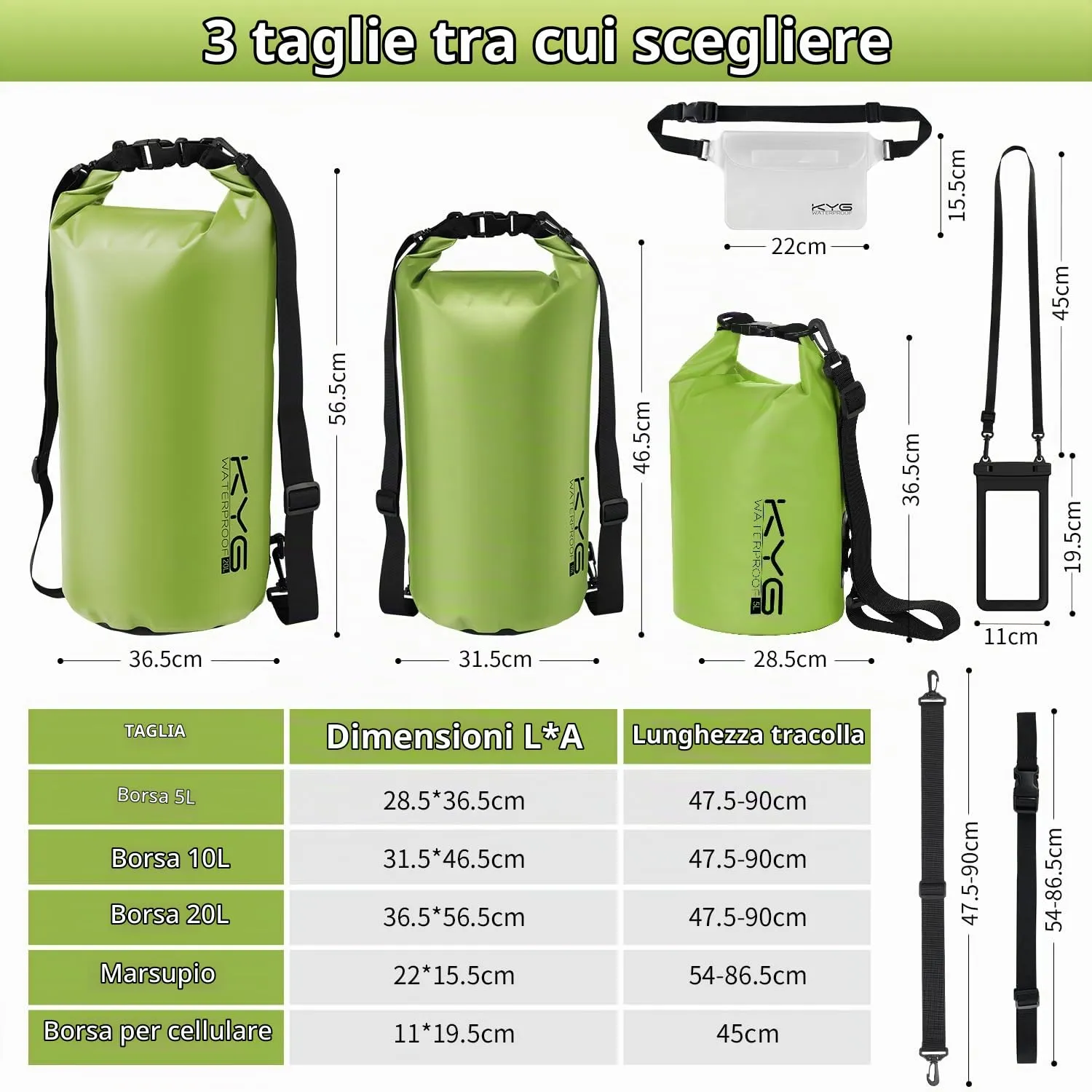 KYG Kit 3 in 1 Borsa Impermeabile Dry Bag 20L con Marsupio e Custodia per Cellulare, Erba Verde - immagine 2