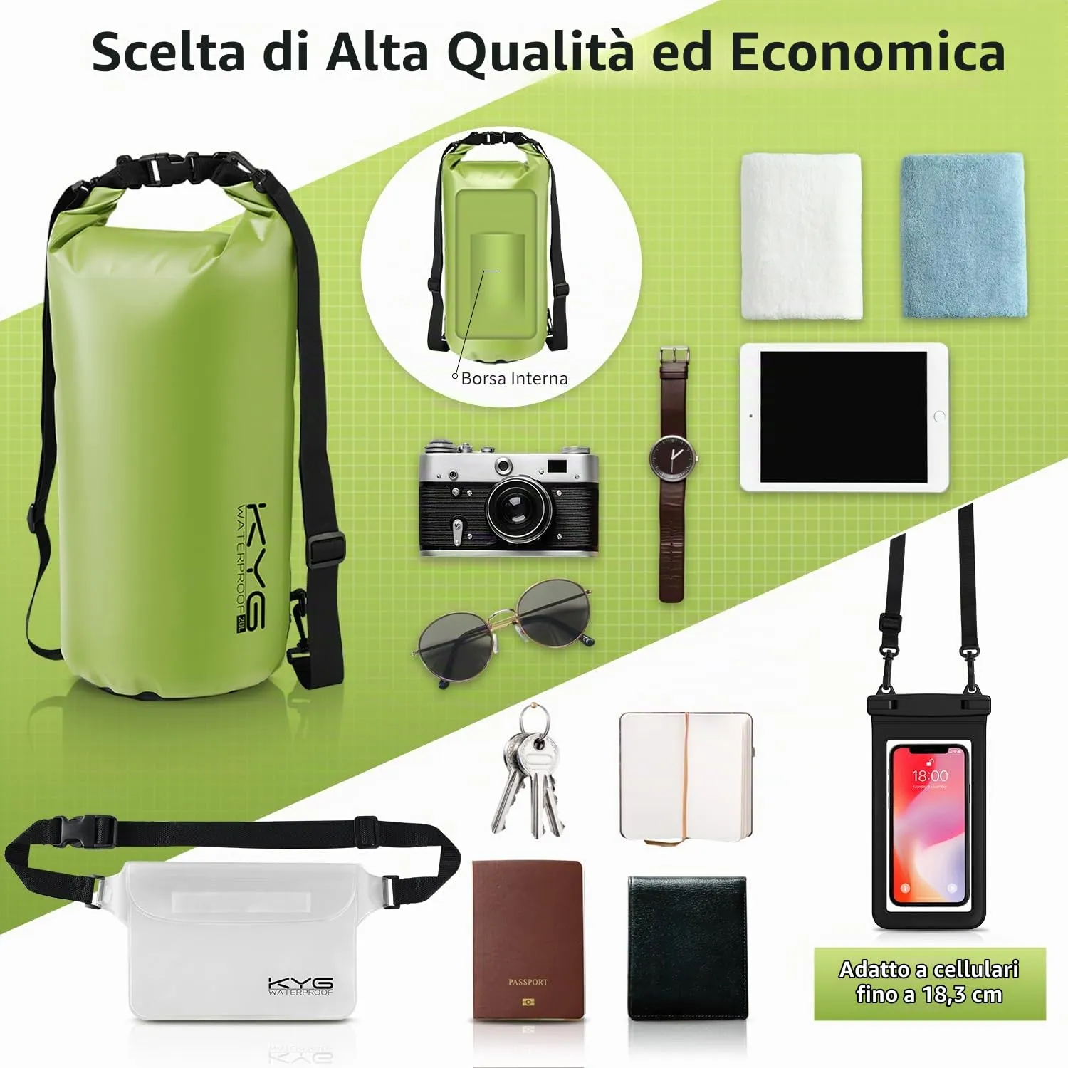 KYG Kit 3 in 1 Borsa Impermeabile Dry Bag 20L con Marsupio e Custodia per Cellulare, Erba Verde - immagine 6