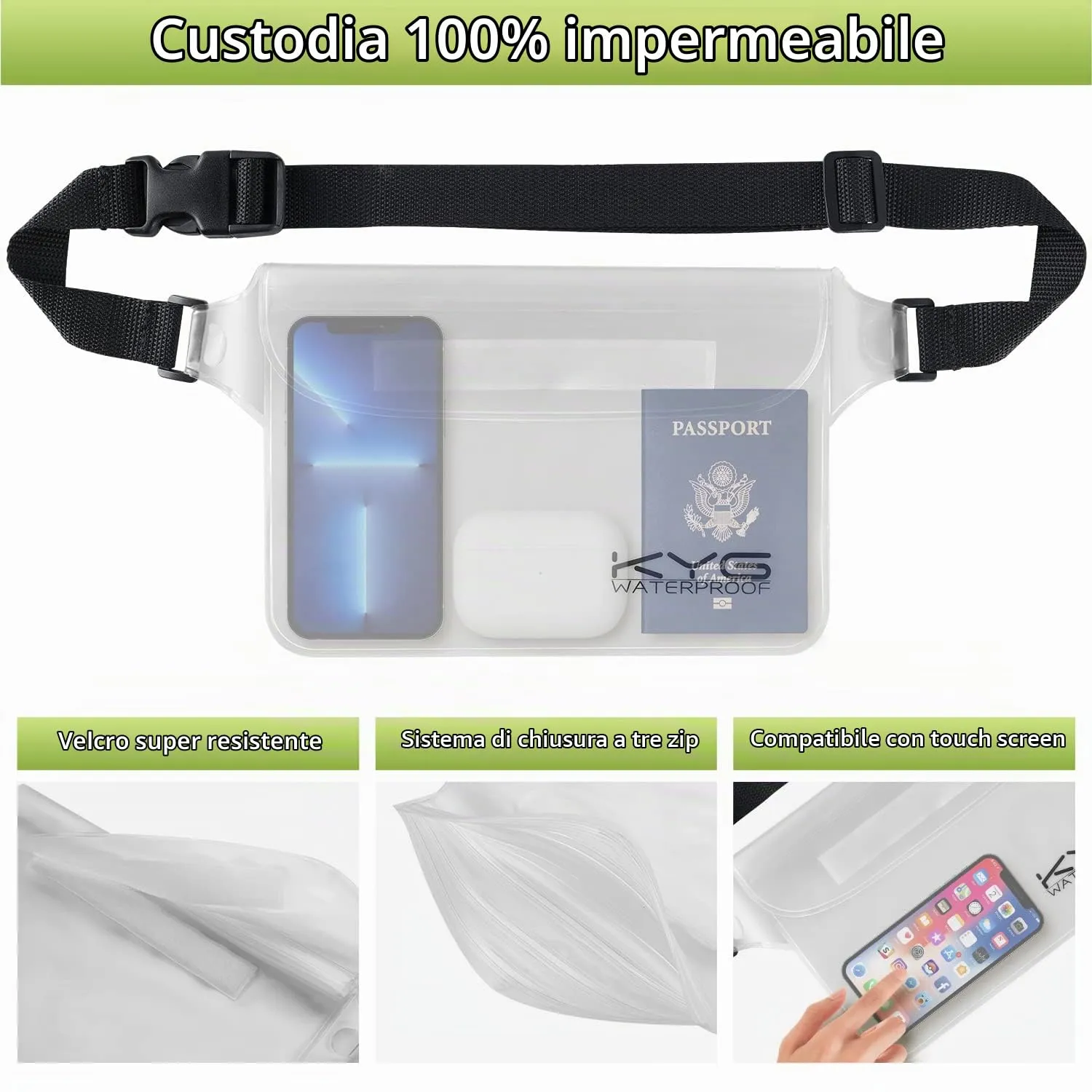 KYG Kit 3 in 1 Borsa Impermeabile Dry Bag 20L con Marsupio e Custodia per Cellulare, Erba Verde - immagine 7