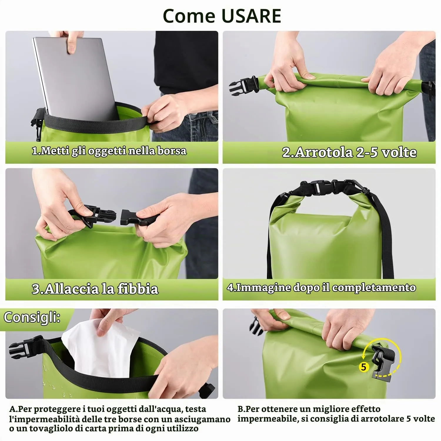 KYG Kit 3 in 1 Borsa Impermeabile Dry Bag 20L con Marsupio e Custodia per Cellulare, Erba Verde - immagine 8