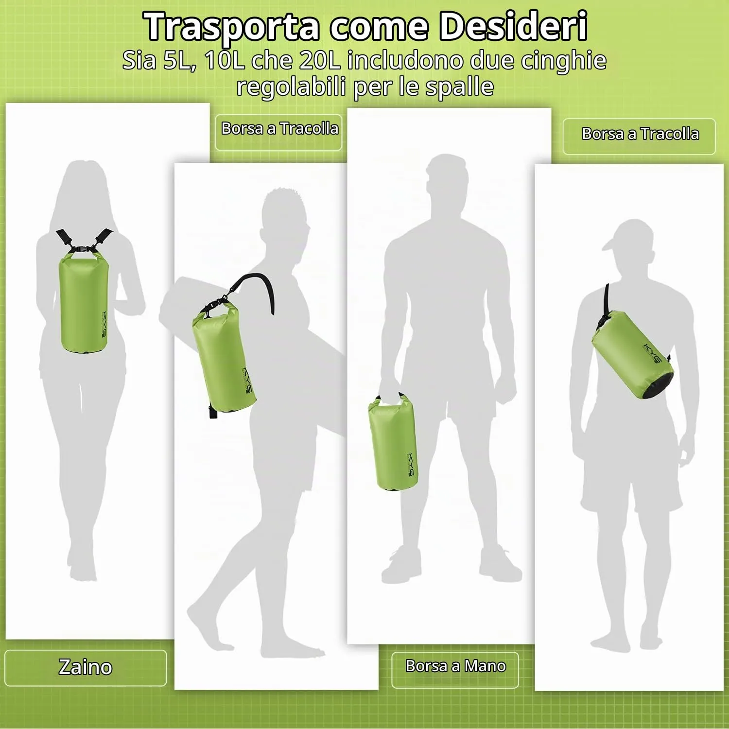 KYG Kit 3 in 1 Borsa Impermeabile Dry Bag 20L con Marsupio e Custodia per Cellulare, Erba Verde - immagine 9