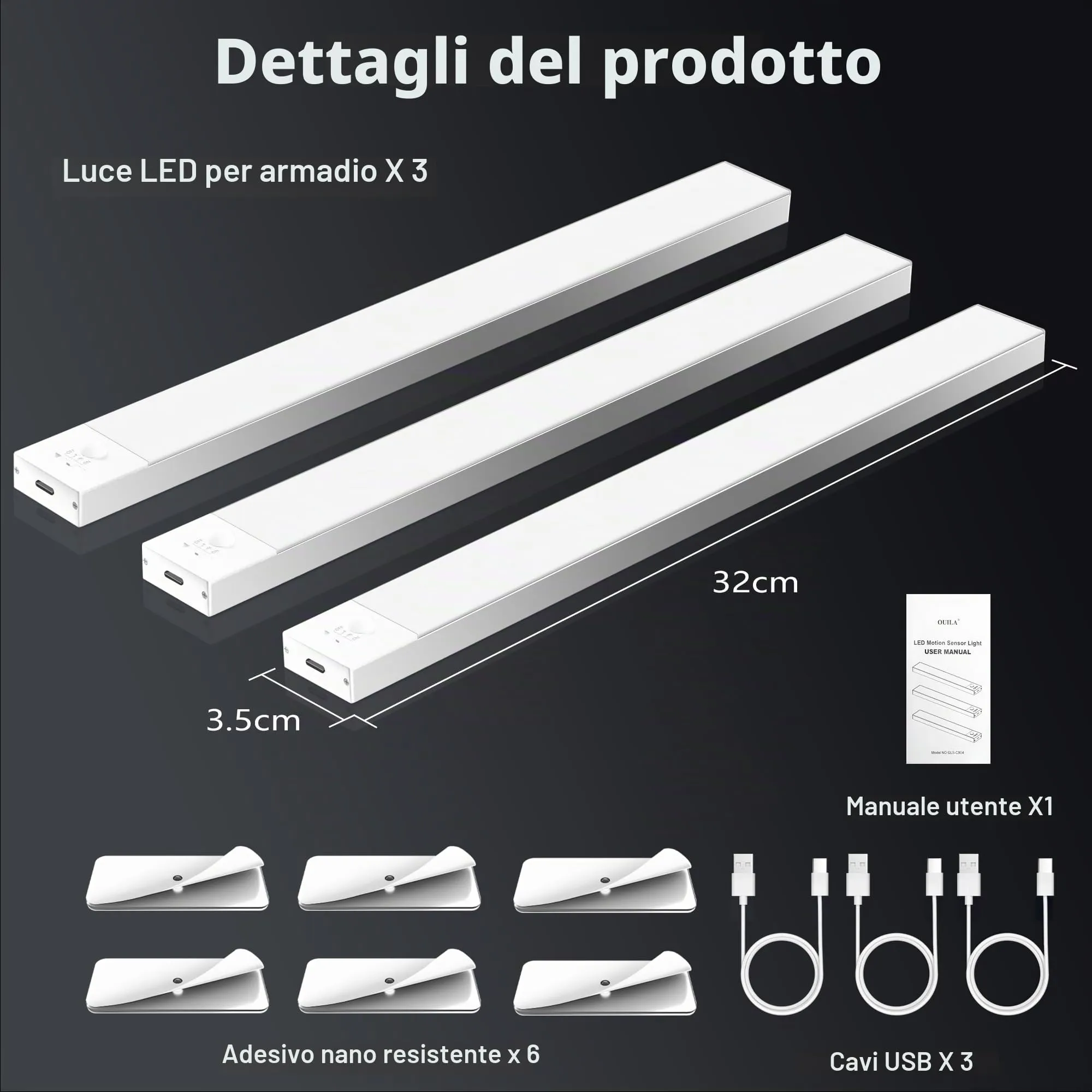 OUILA Luce Armadio LED con Sensore di Movimento, 32cm x 3 Pezzi, GLS-C004 - immagine 7