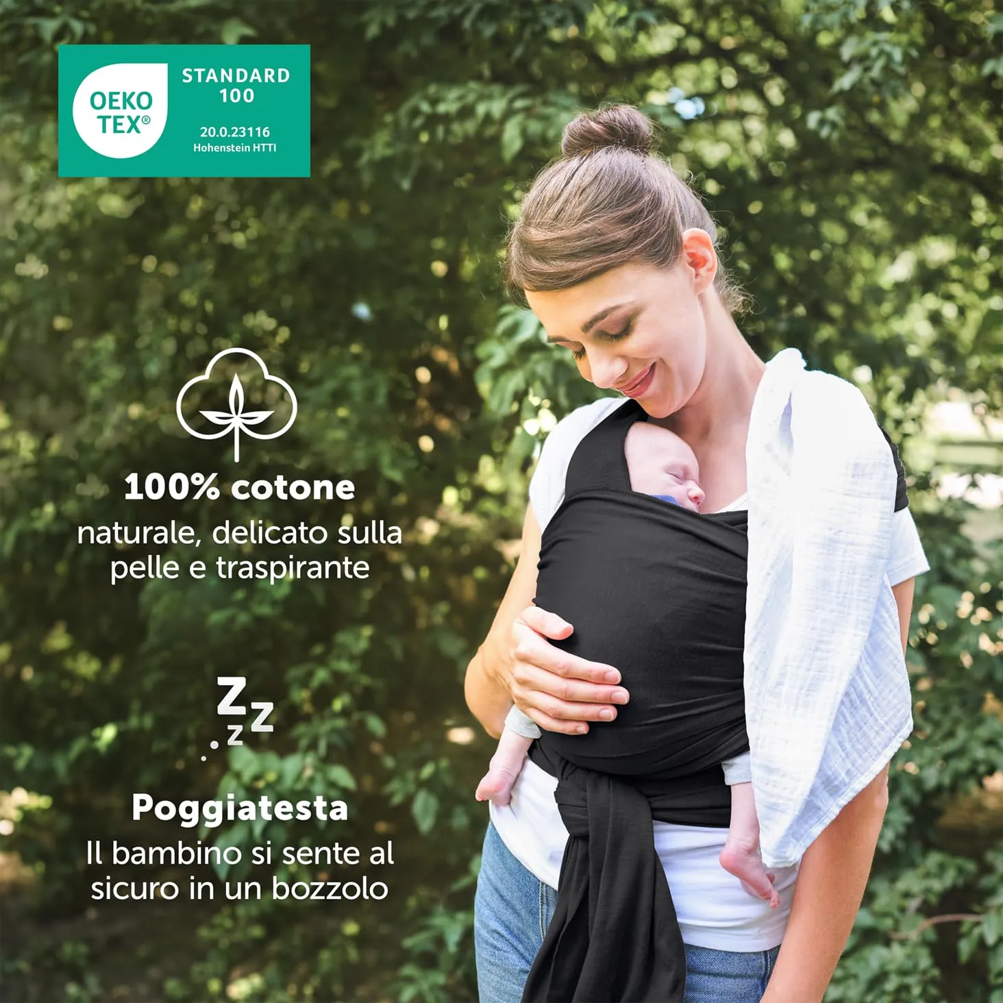 Laleni Fascia Porta Bebe in Cotone Certificata OEKO-TEX, 5,10m, Nero - immagine 3