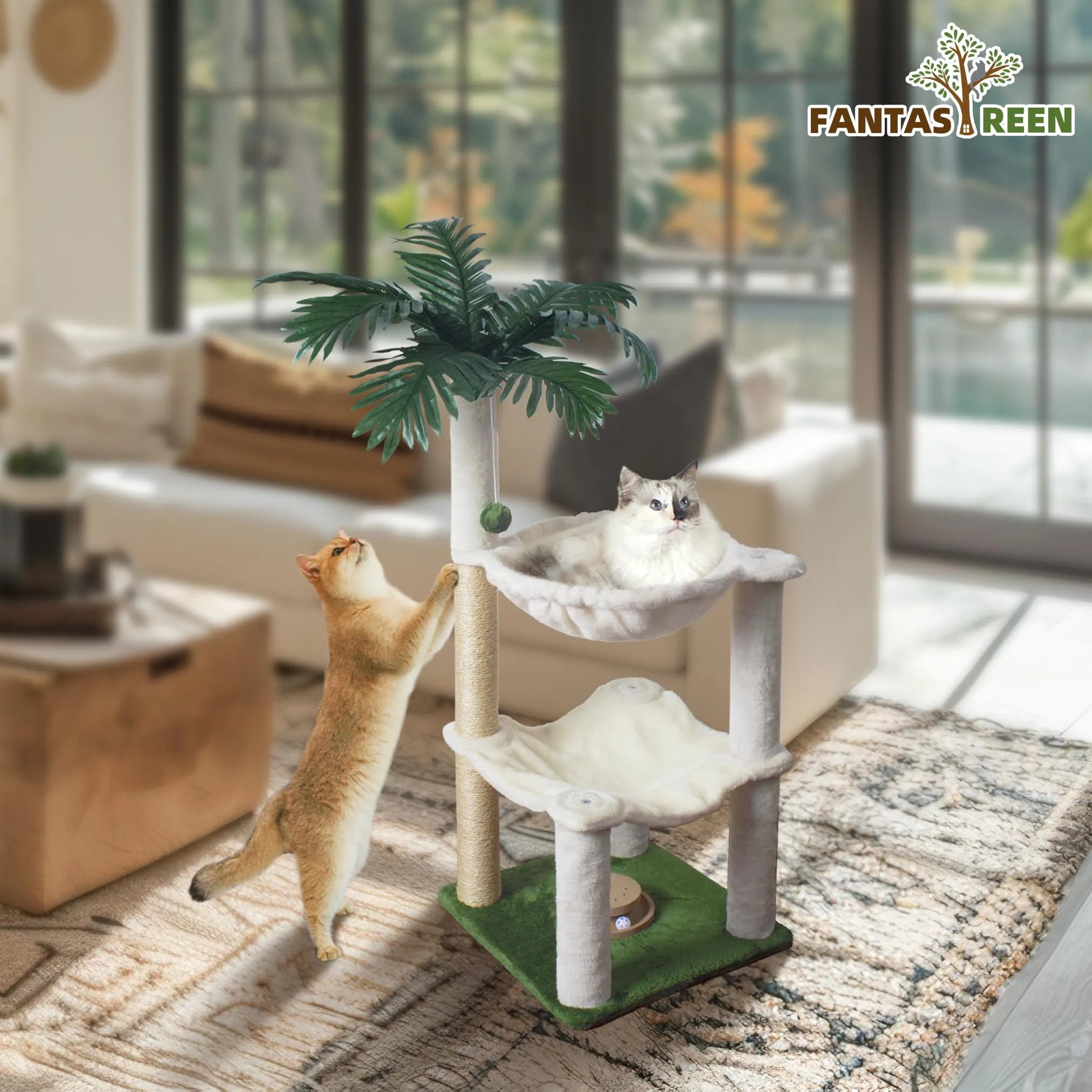 Fantasreen Tiragraffi per Gatti 100cm con Doppia Amaca e Gioco in Legno, Bianco - immagine 6