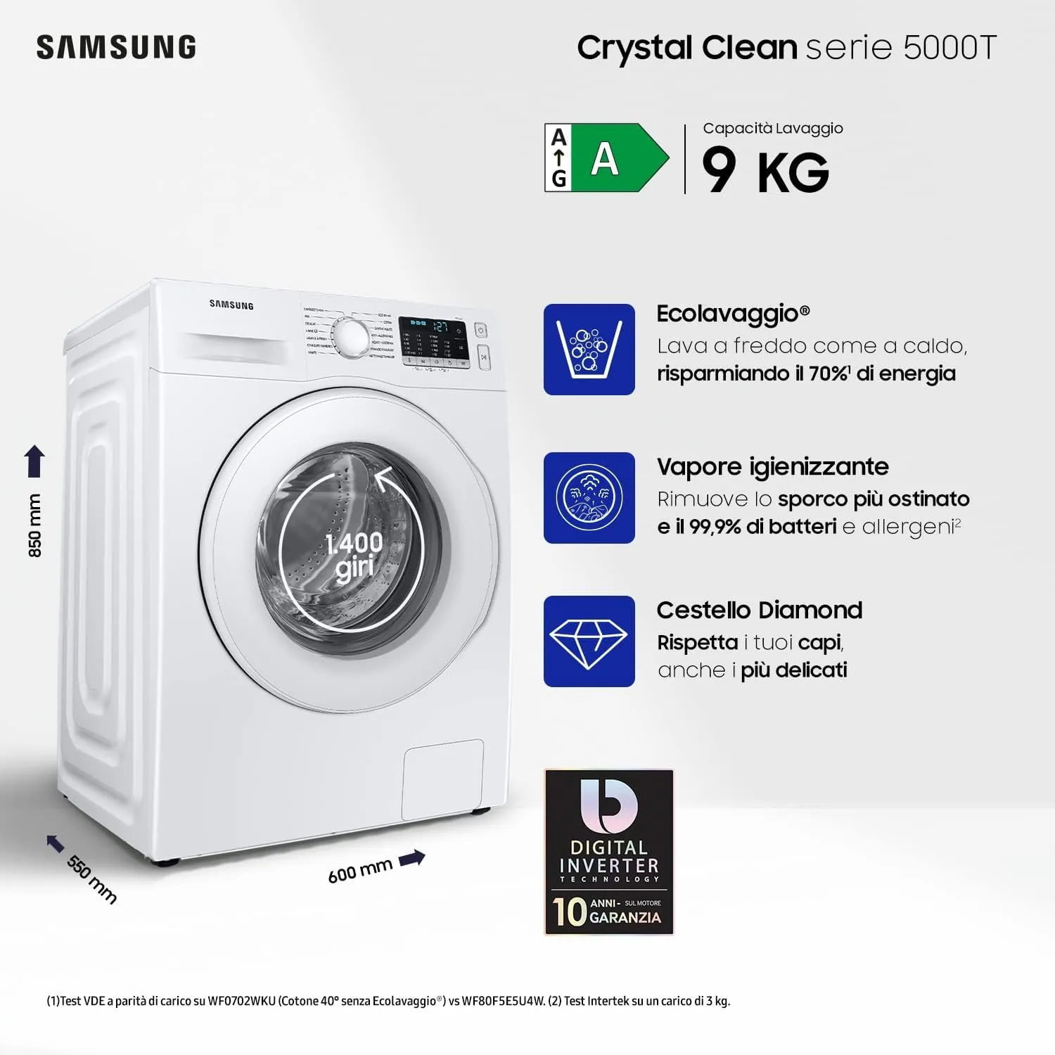 Samsung Crystal Clean WW90TA046TT/ET Lavatrice, 9 Kg, 1400 RPM, Ecobubble, Vapore, Carica Frontale - immagine 5