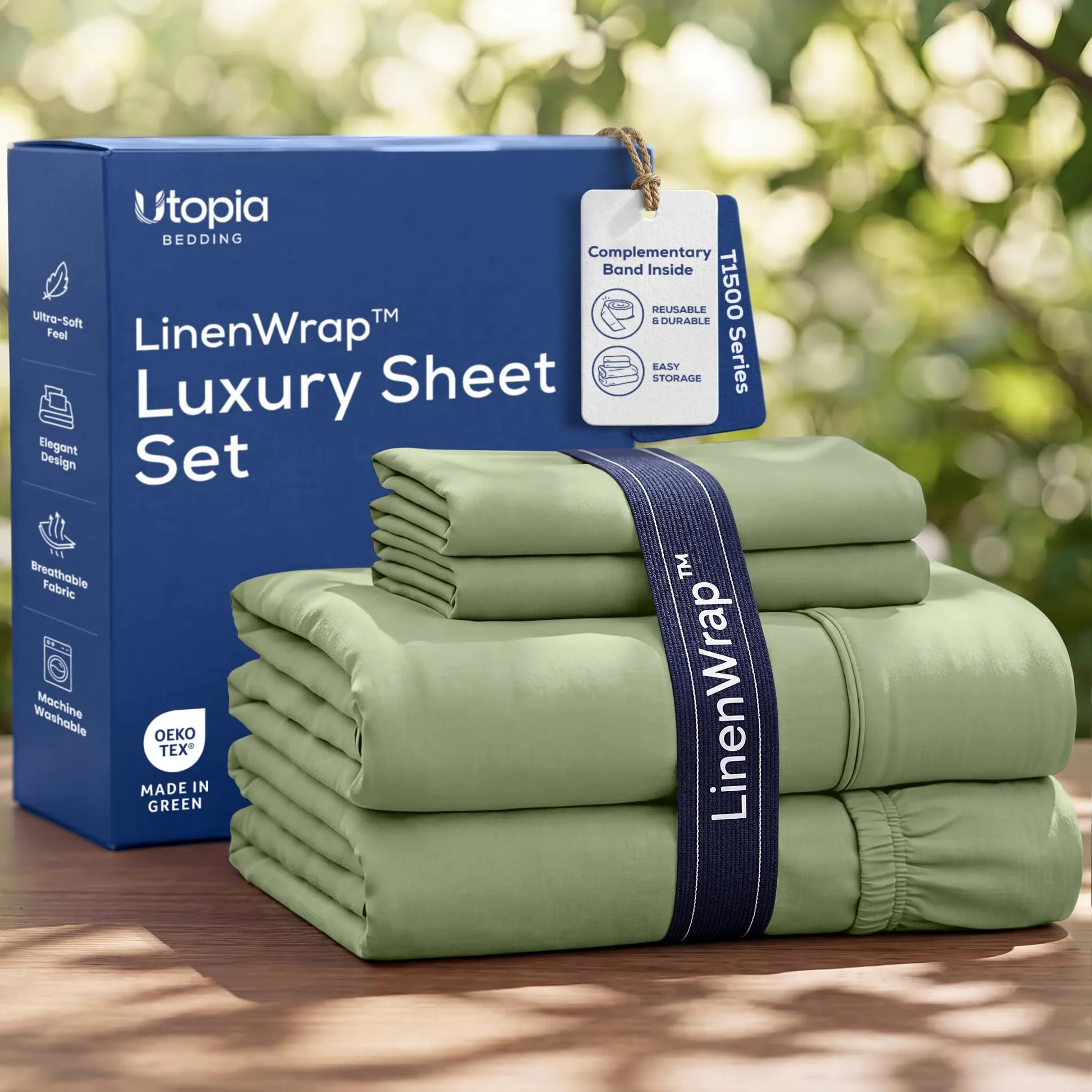 Utopia Bedding Set di Lenzuola in Microfibra Spazzolata, Queen Size, 4 Pezzi, Salvia - immagine 1