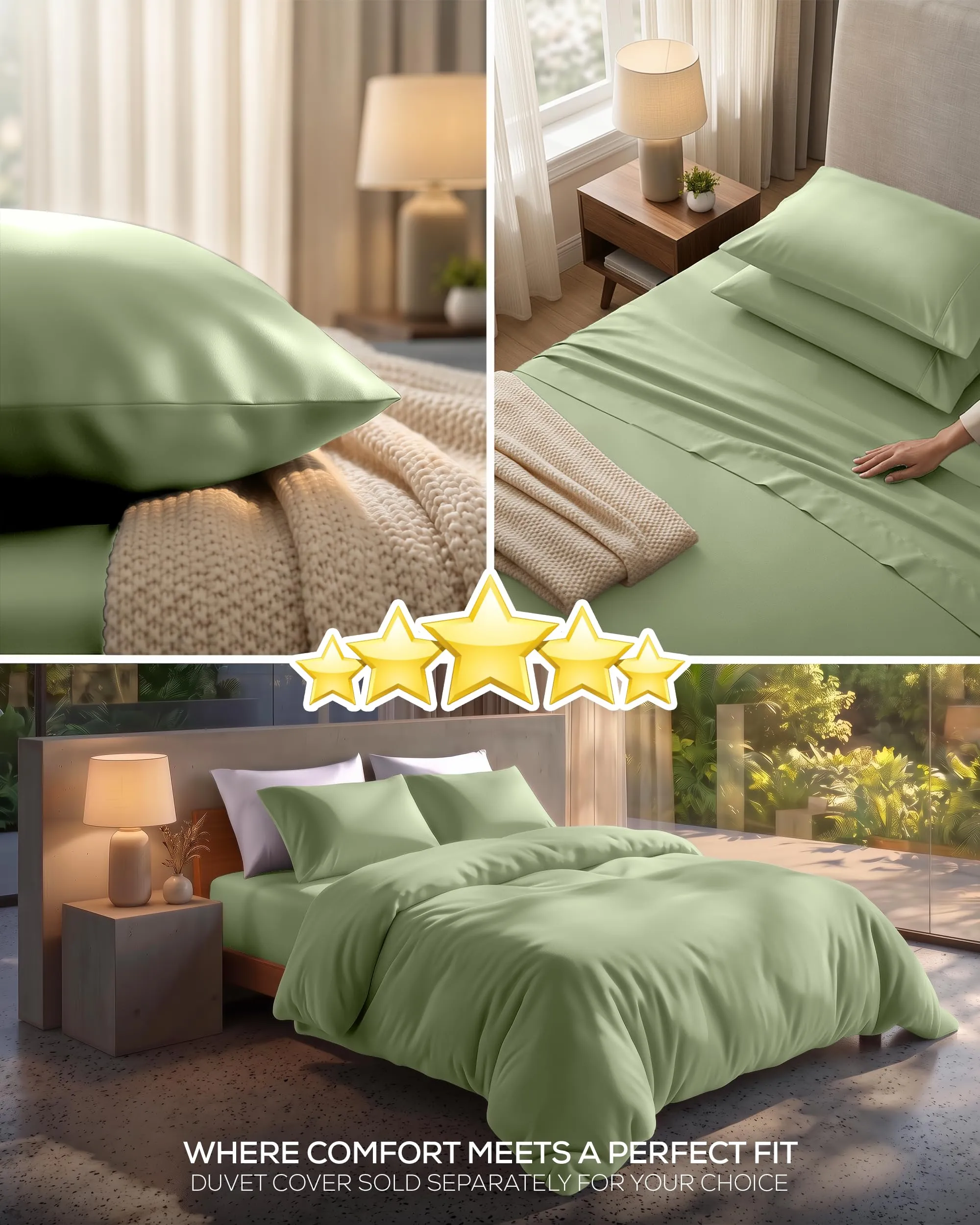 Utopia Bedding Set di Lenzuola in Microfibra Spazzolata, Queen Size, 4 Pezzi, Salvia - immagine 6