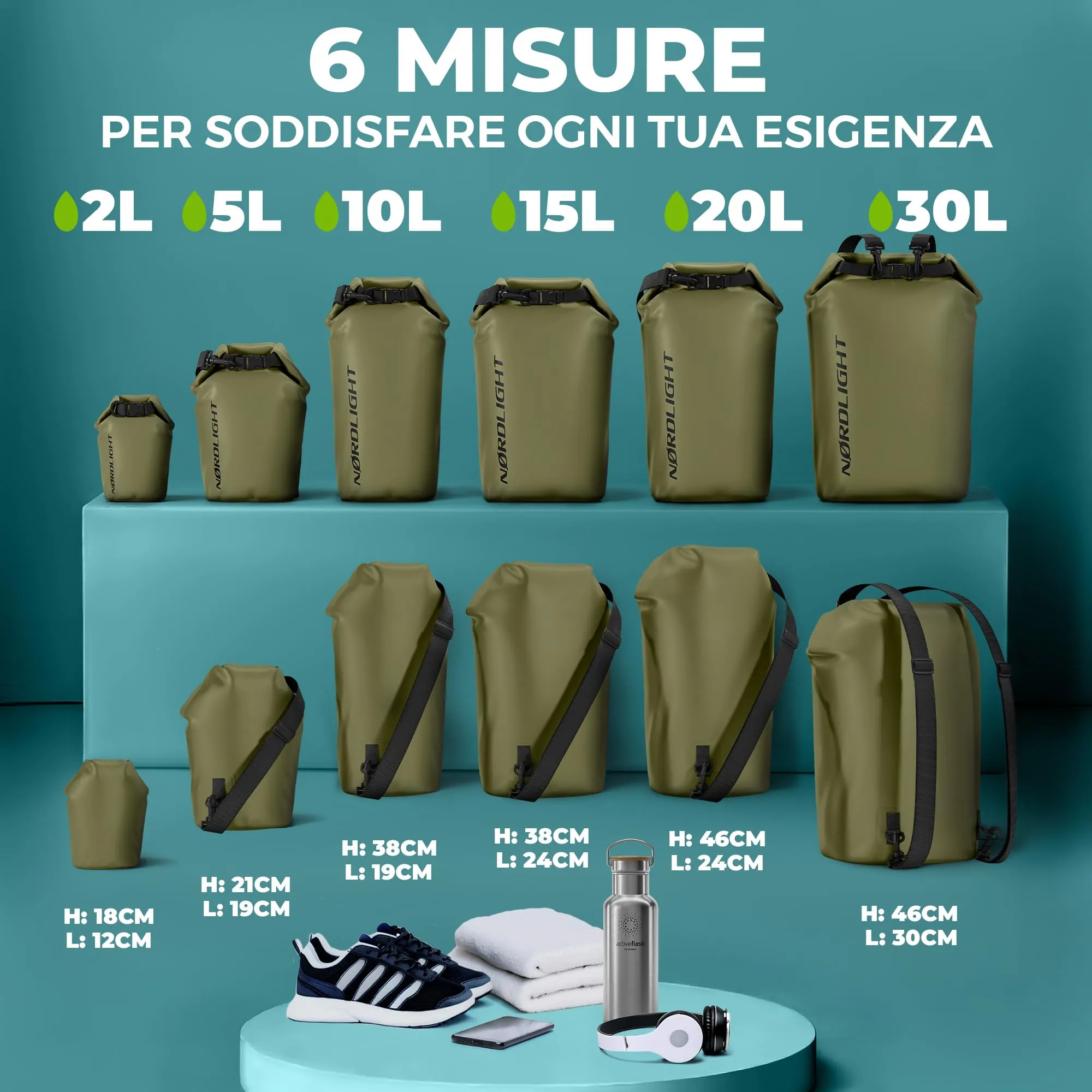 Nordlight Dry Bag Set con Custodia per Cellulare e Marsupio, 20L, Verde Oliva - immagine 3