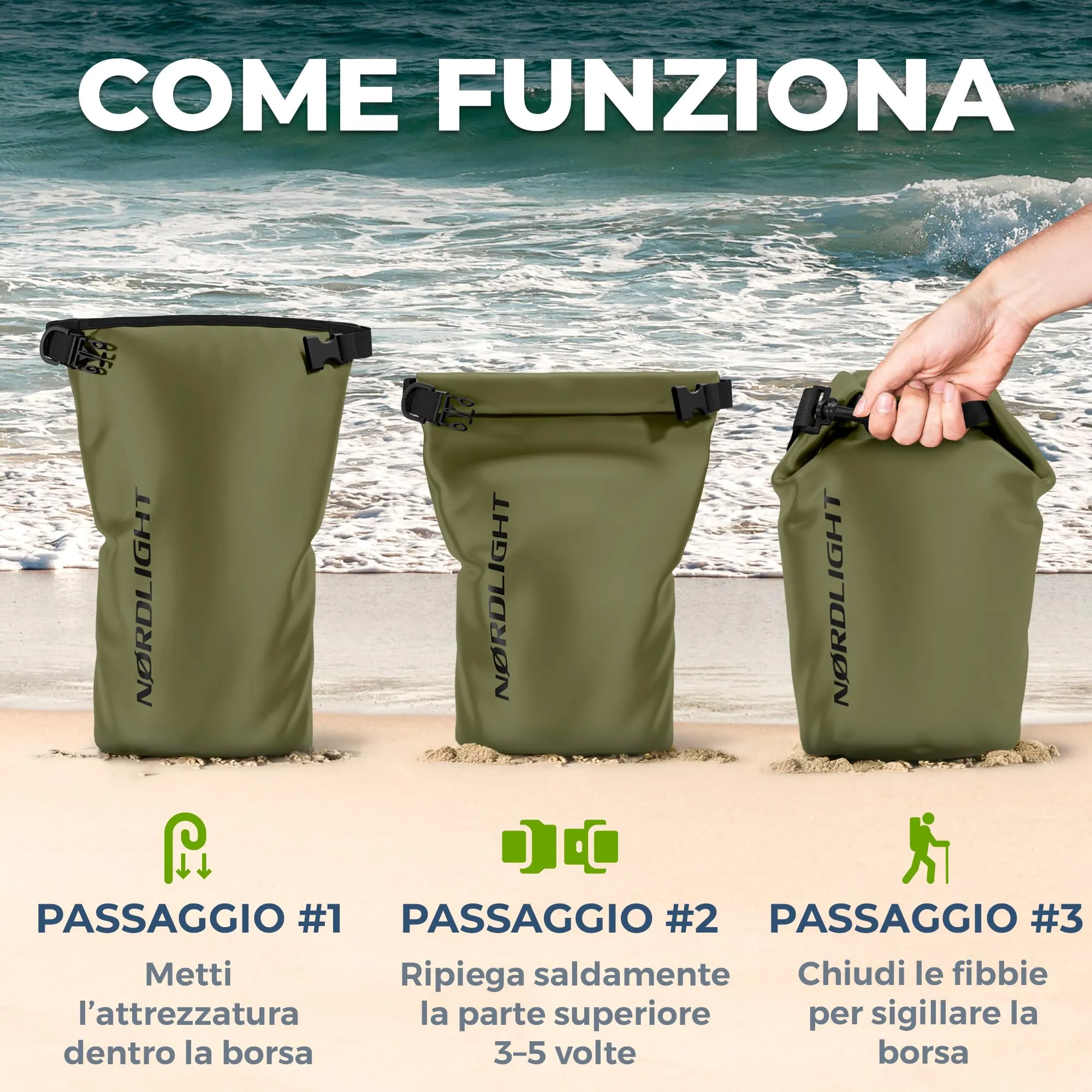 Nordlight Dry Bag Set con Custodia per Cellulare e Marsupio, 20L, Verde Oliva - immagine 8