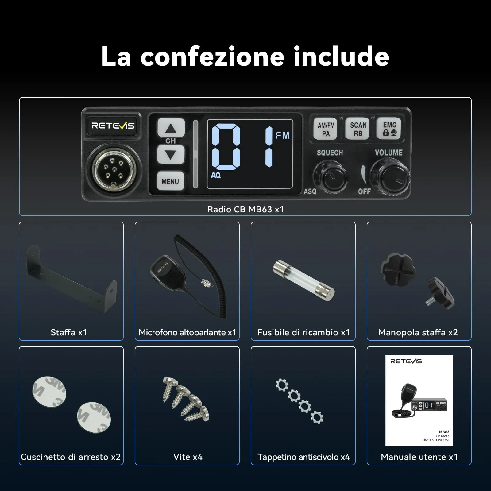 Retevis MB63 CB Radio, AM/FM 40 Channels with PA Function - immagine 9