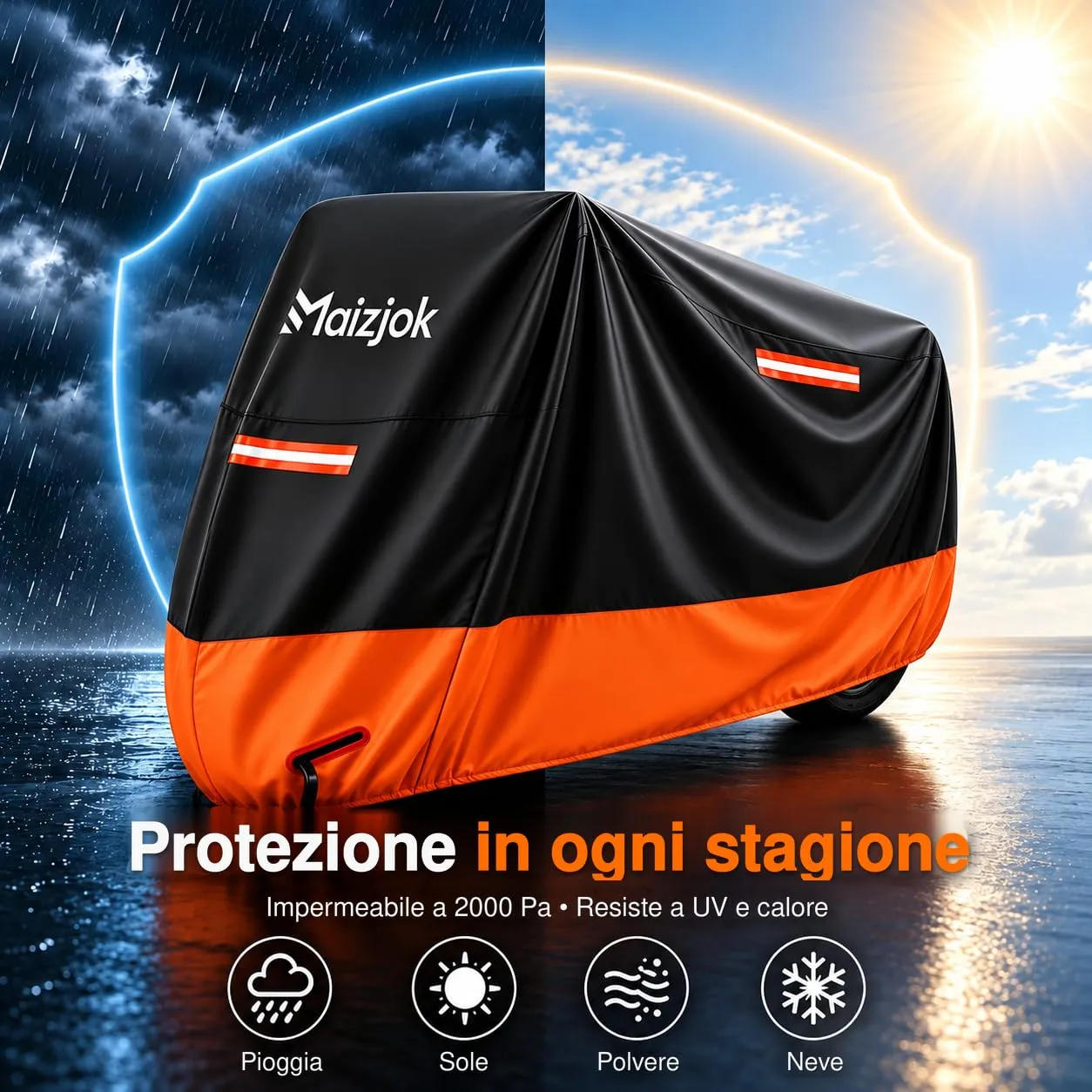 Maizjok Telo Moto Impermeabile 245x105x125 cm, Nero e Arancione - immagine 2