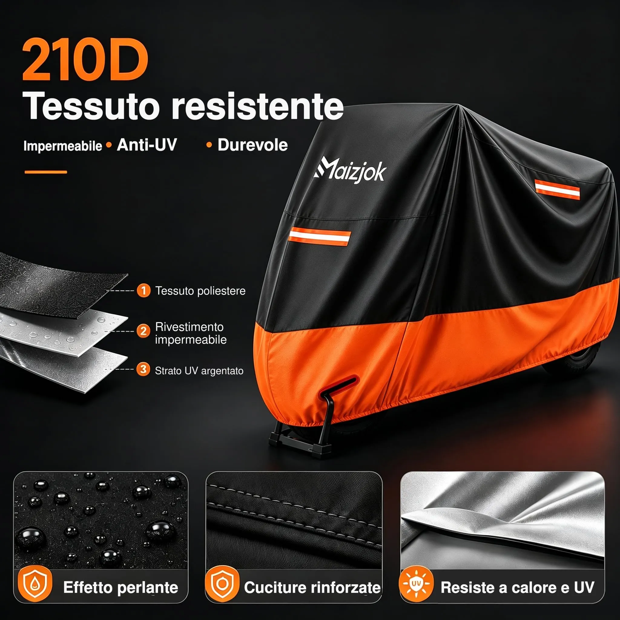 Maizjok Telo Moto Impermeabile 245x105x125 cm, Nero e Arancione - immagine 4