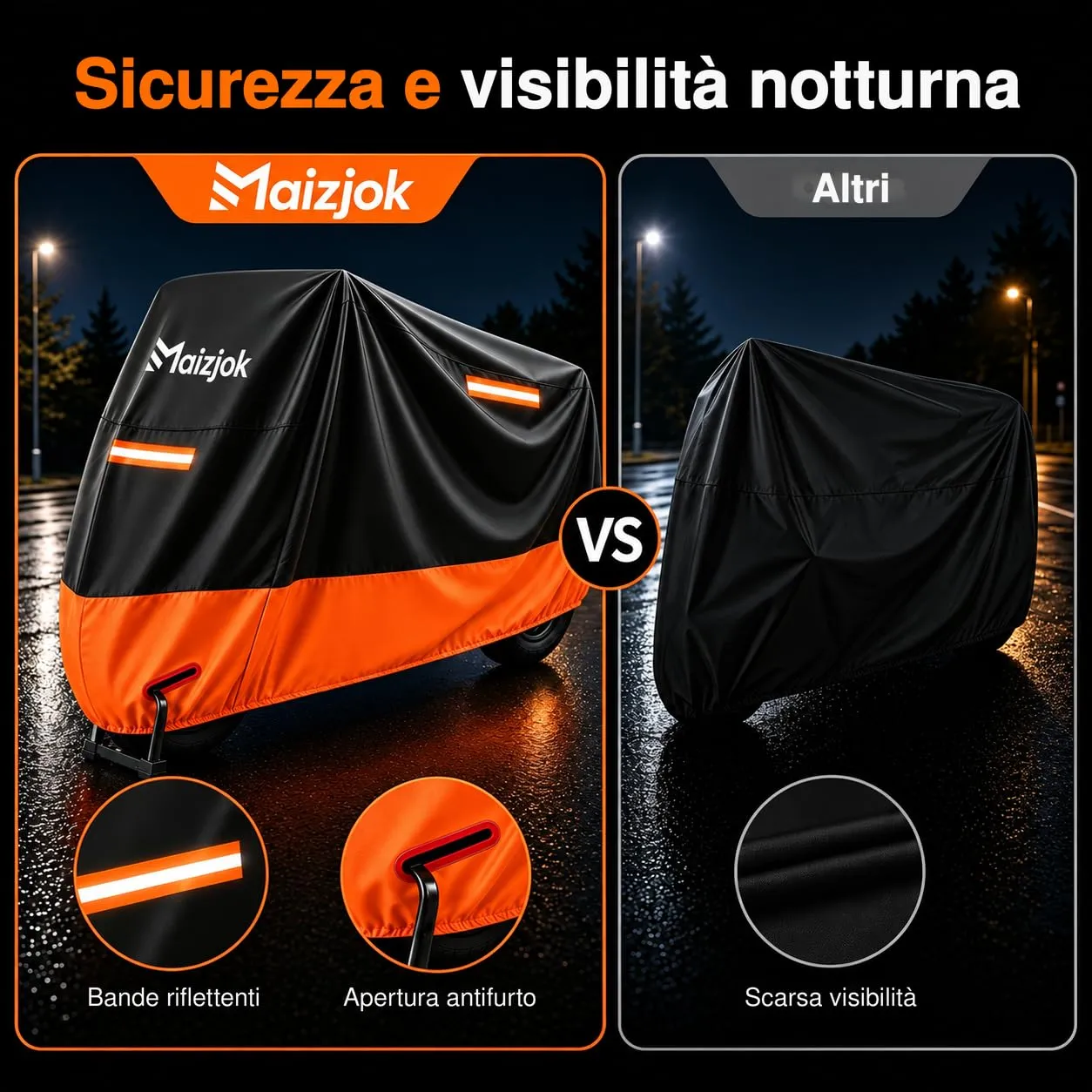 Maizjok Telo Moto Impermeabile 245x105x125 cm, Nero e Arancione - immagine 6
