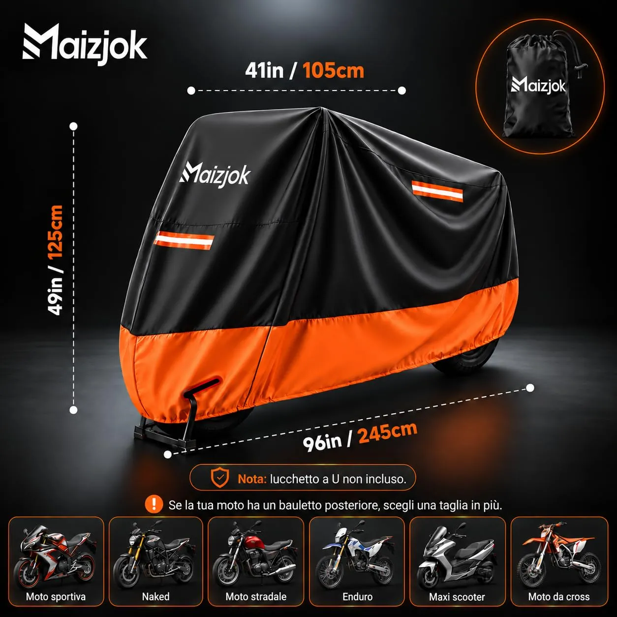 Maizjok Telo Moto Impermeabile 245x105x125 cm, Nero e Arancione - immagine 7