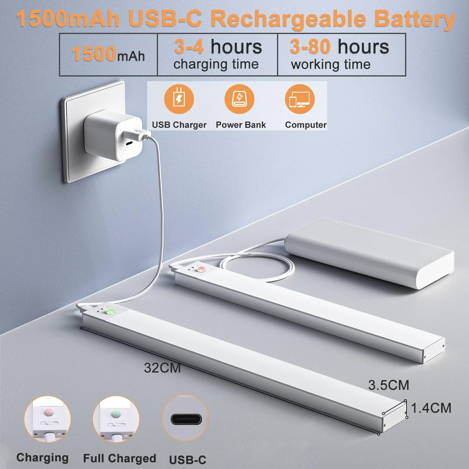 OUILA Luce Armadio LED con Sensore, Sottopensile Cucina, 3 Colori, 32cm, 2 Pezzi - immagine 5