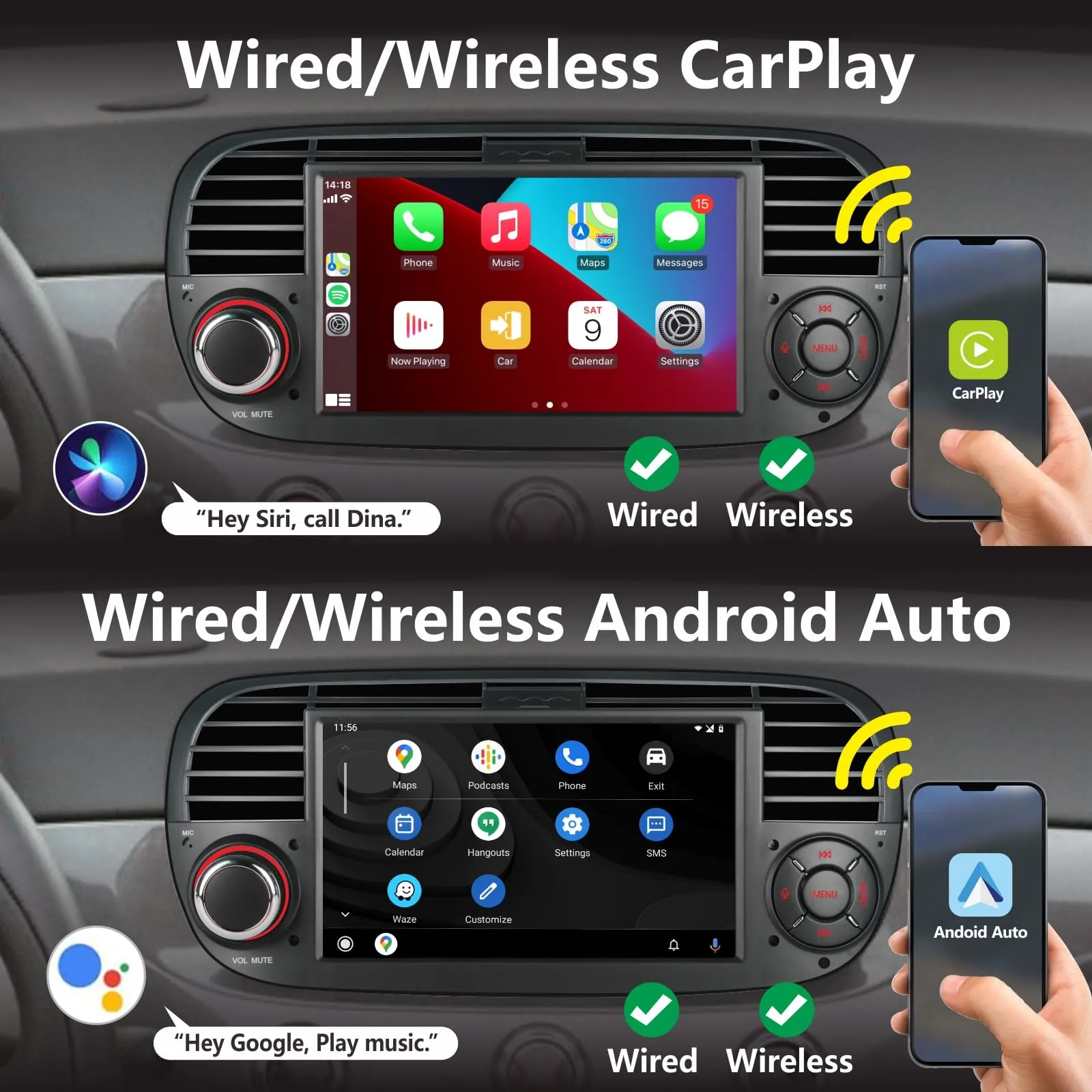Aphrfamma Autoradio per Fiat 500 2007-2015, CarPlay Wireless e Android Auto, 7 Pollici IPS, Bluetooth, FM/AM, USB, Mirror Link, Nero - immagine 2