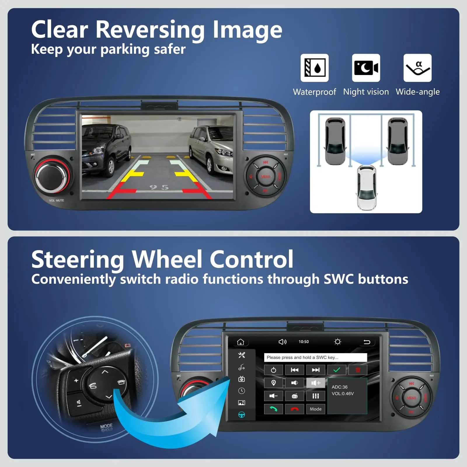 Aphrfamma Autoradio per Fiat 500 2007-2015, CarPlay Wireless e Android Auto, 7 Pollici IPS, Bluetooth, FM/AM, USB, Mirror Link, Nero - immagine 4