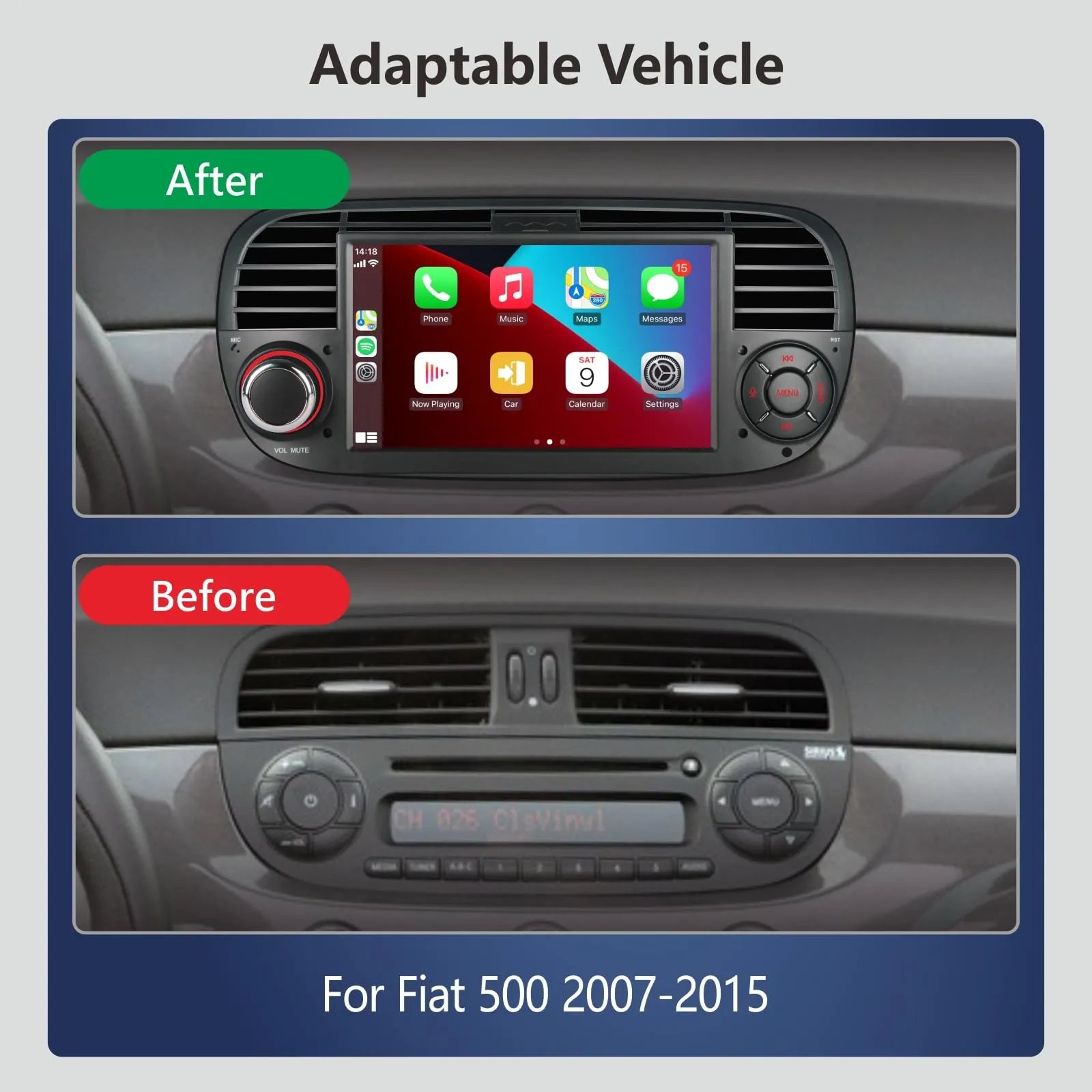 Aphrfamma Autoradio per Fiat 500 2007-2015, CarPlay Wireless e Android Auto, 7 Pollici IPS, Bluetooth, FM/AM, USB, Mirror Link, Nero - immagine 6