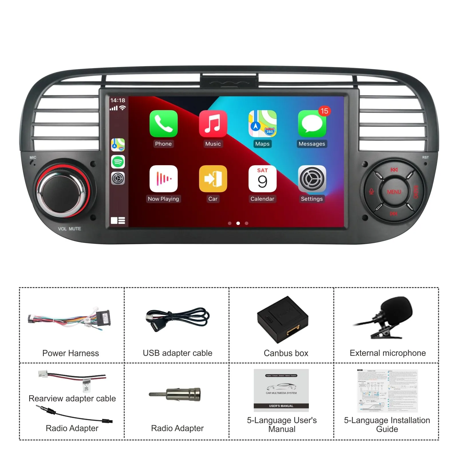 Aphrfamma Autoradio per Fiat 500 2007-2015, CarPlay Wireless e Android Auto, 7 Pollici IPS, Bluetooth, FM/AM, USB, Mirror Link, Nero - immagine 7