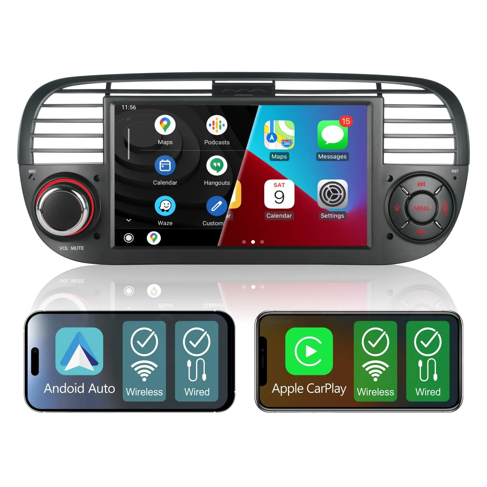 Aphrfamma Autoradio per Fiat 500 2007-2015, CarPlay Wireless e Android Auto, 7 Pollici IPS, Bluetooth, FM/AM, USB, Mirror Link, Nero - immagine 8