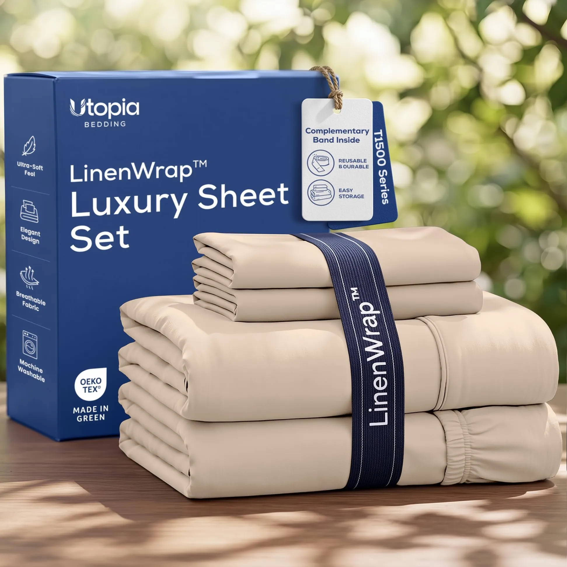 Utopia Bedding Set di lenzuola in microfibra spazzolata per letto king size, 4 pezzi, beige - immagine 1