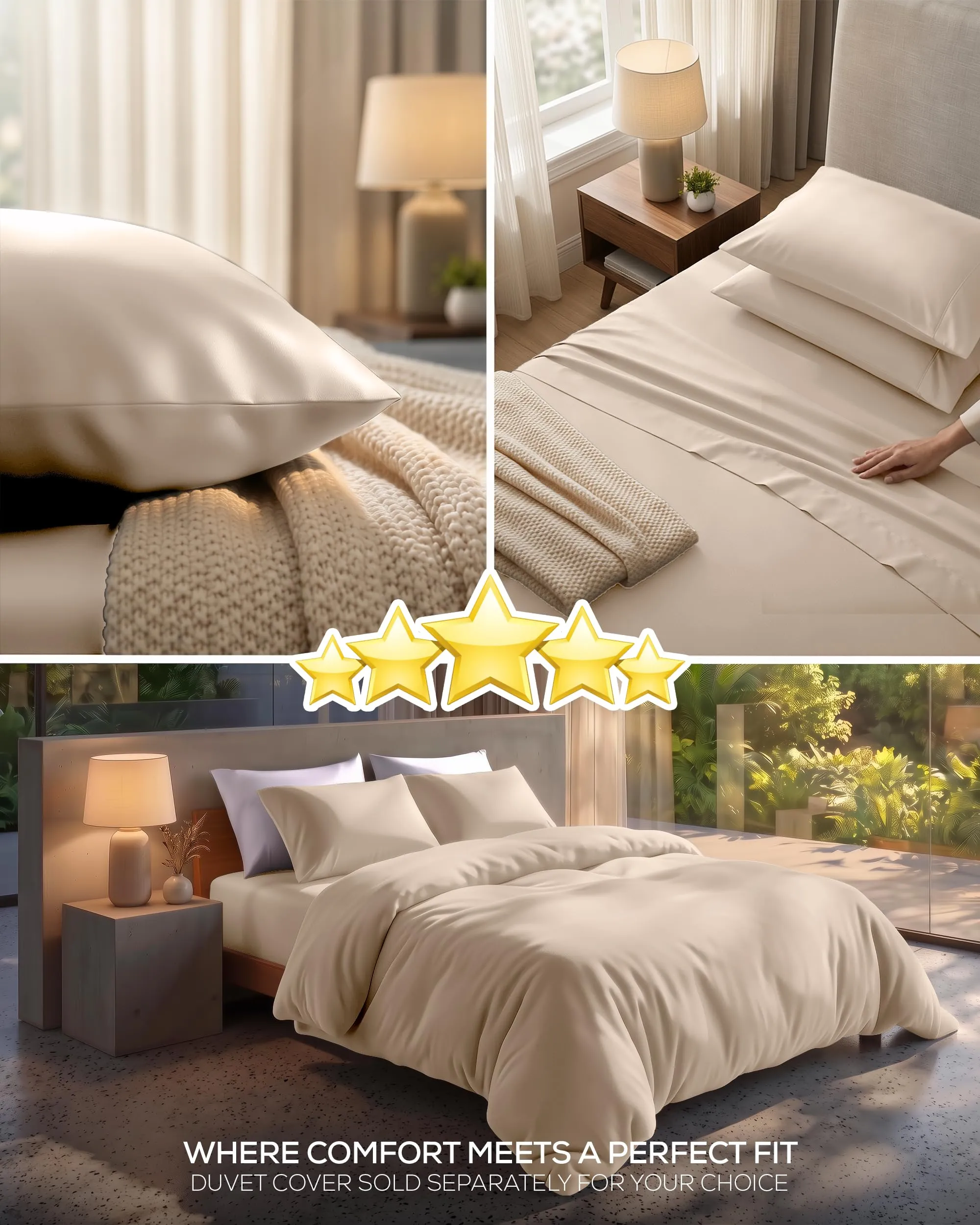 Utopia Bedding Set di lenzuola in microfibra spazzolata per letto king size, 4 pezzi, beige - immagine 6