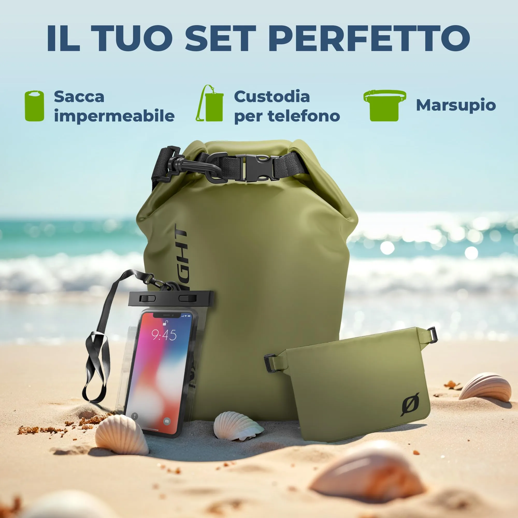 Nordlight Dry Bag Set con Custodia per Cellulare e Marsupio, 10L, Verde Oliva - immagine 2