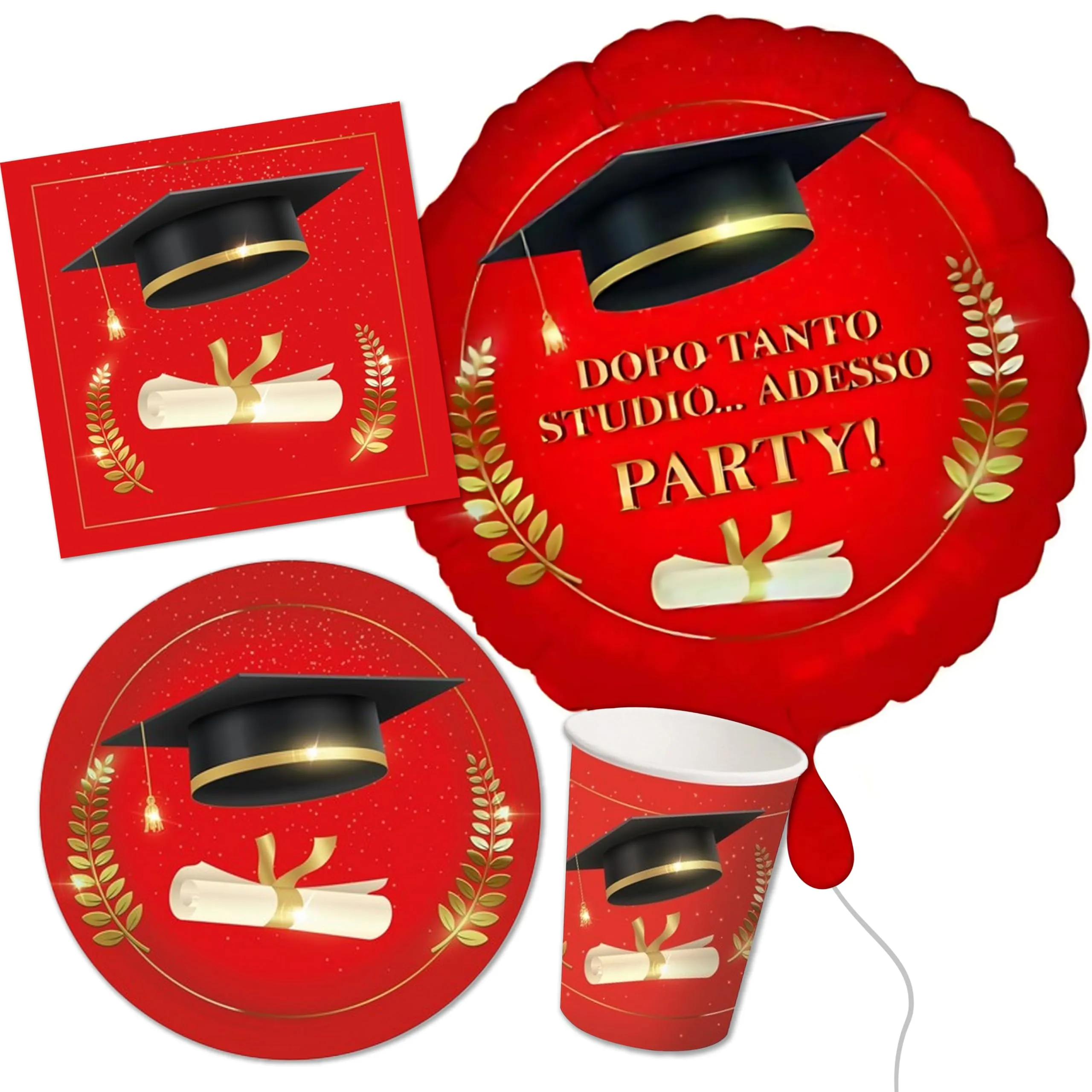 Decoraparty Kit Stoviglie di Laurea per 8 Persone, 8 Piatti, 8 Bicchieri, 20 Tovaglioli, 1 Palloncino (37 pz) - immagine 1