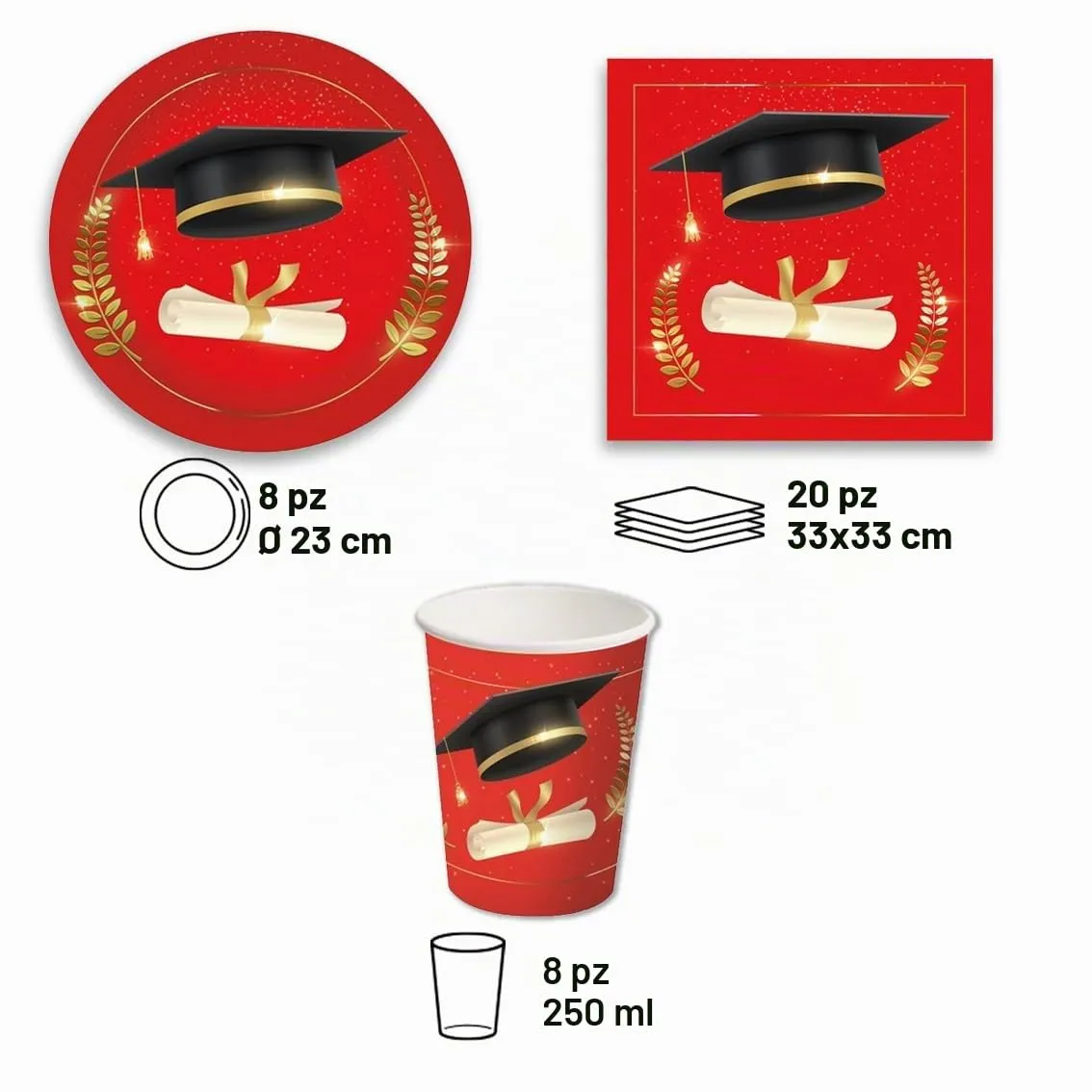 Decoraparty Kit Stoviglie di Laurea per 8 Persone, 8 Piatti, 8 Bicchieri, 20 Tovaglioli, 1 Palloncino (37 pz) - immagine 2
