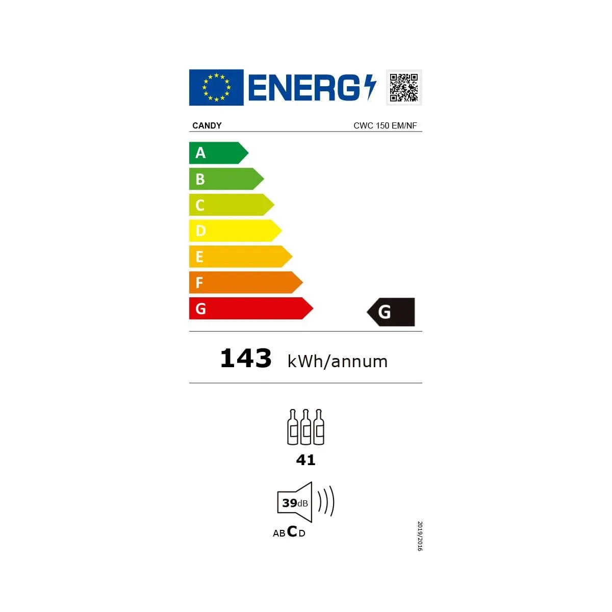 Candy DiVino CWC 150 EM/NF Cantina Vino, 41 bottiglie, 39 dB, App hOn, Tecnologia Vivino, Monozona, Nero, 84,5x49x55 cm - immagine 7