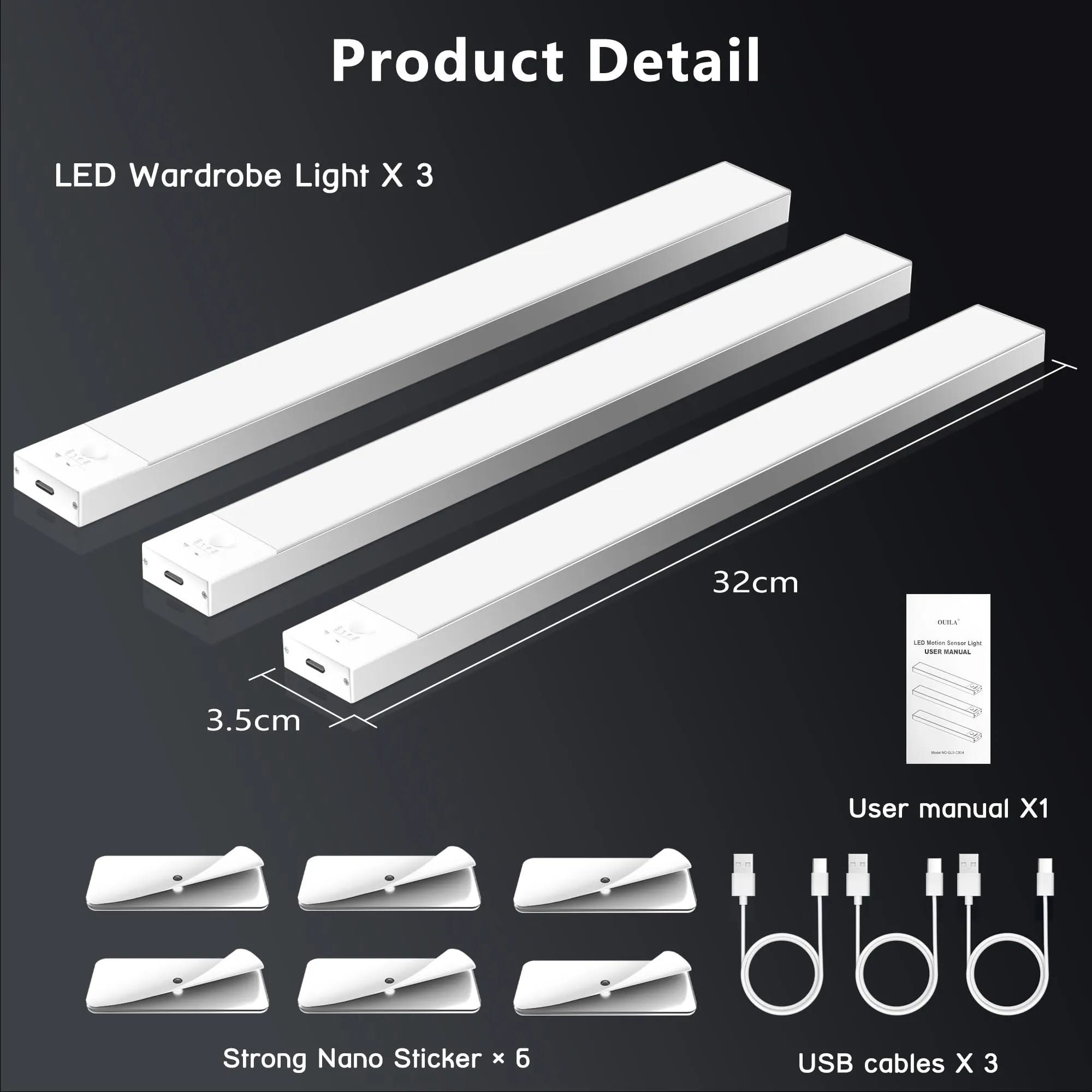 OUILA Luce Armadio LED con Sensore di Movimento, 32cm x 3 Pezzi, GLS-C004 - immagine 7