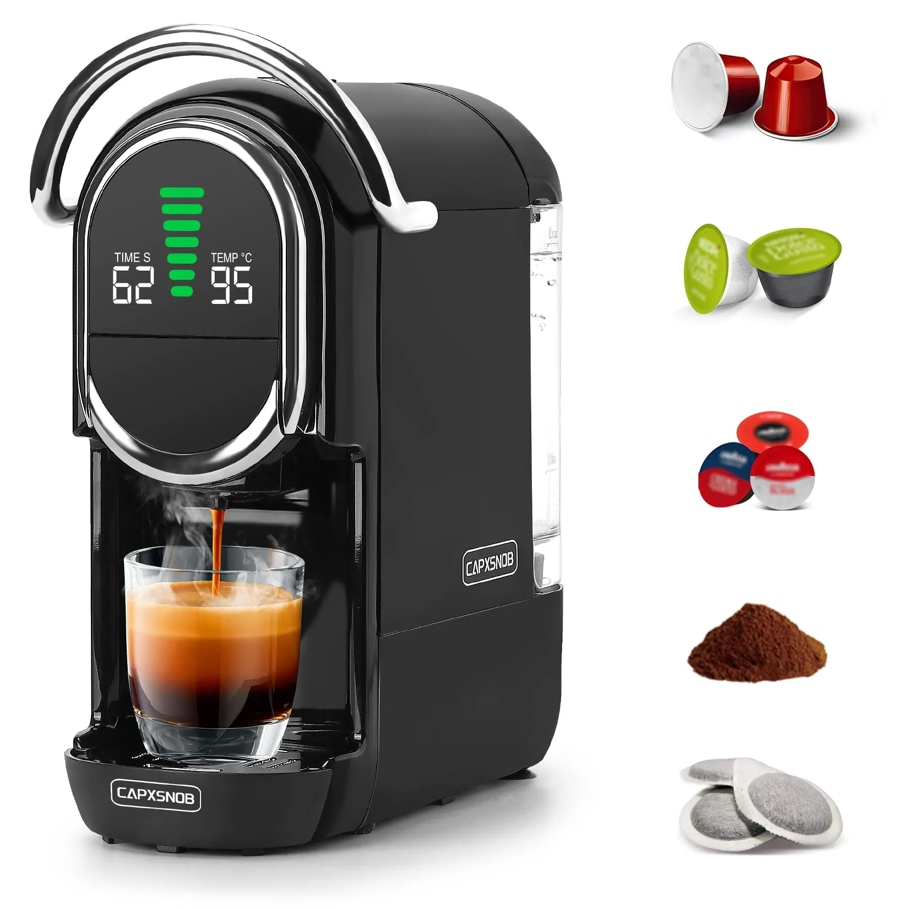 CAPXSNOB Magician1 Mini Macchina da Caffè 5in1 per Nespresso Originali, Dolce Gusto, Lavazza A Modo Mio, ESE 44 e Caffè Macinato, 20 Bar, 1450W, Display LED - immagine 2