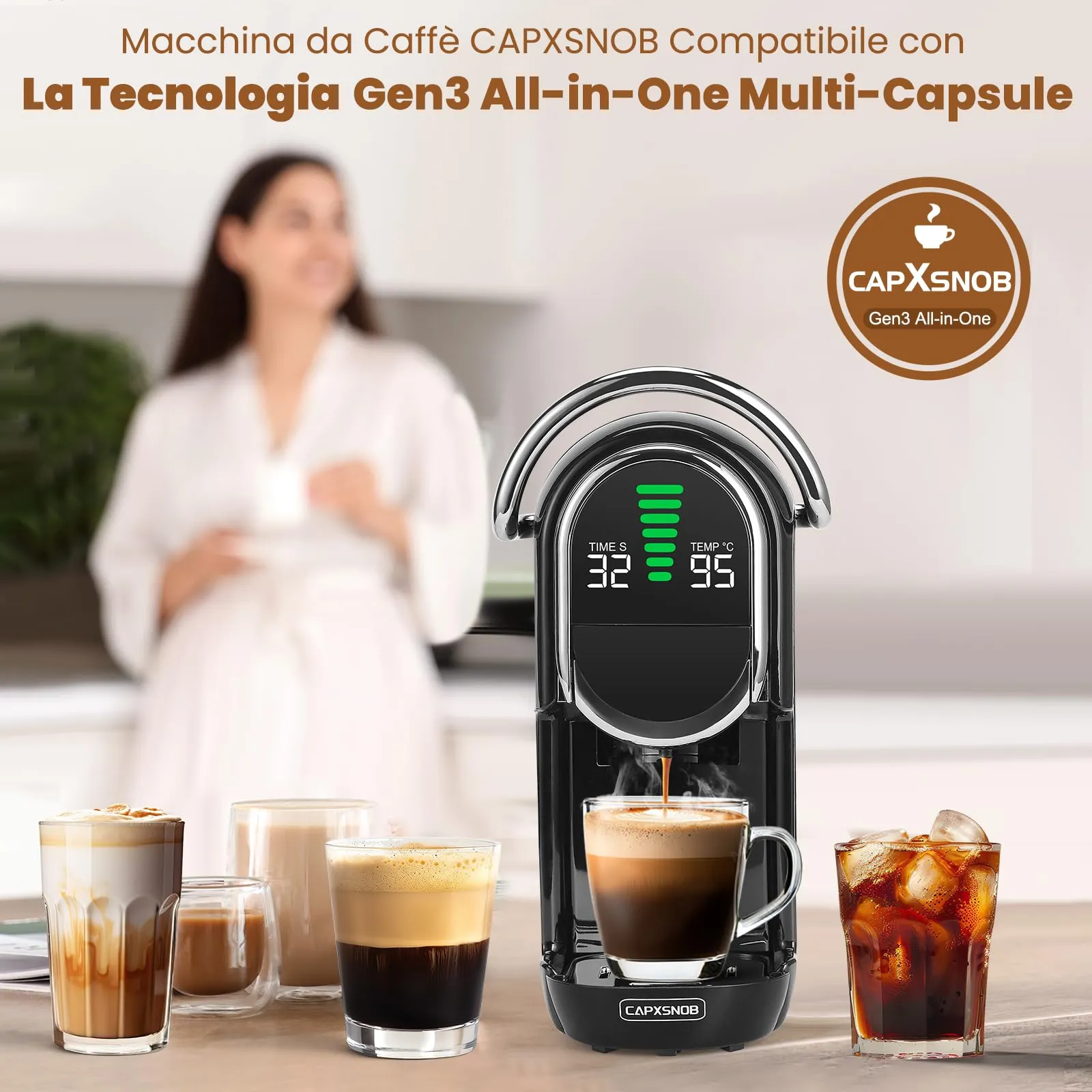CAPXSNOB Magician1 Mini Macchina da Caffè 5in1 per Nespresso Originali, Dolce Gusto, Lavazza A Modo Mio, ESE 44 e Caffè Macinato, 20 Bar, 1450W, Display LED - immagine 5