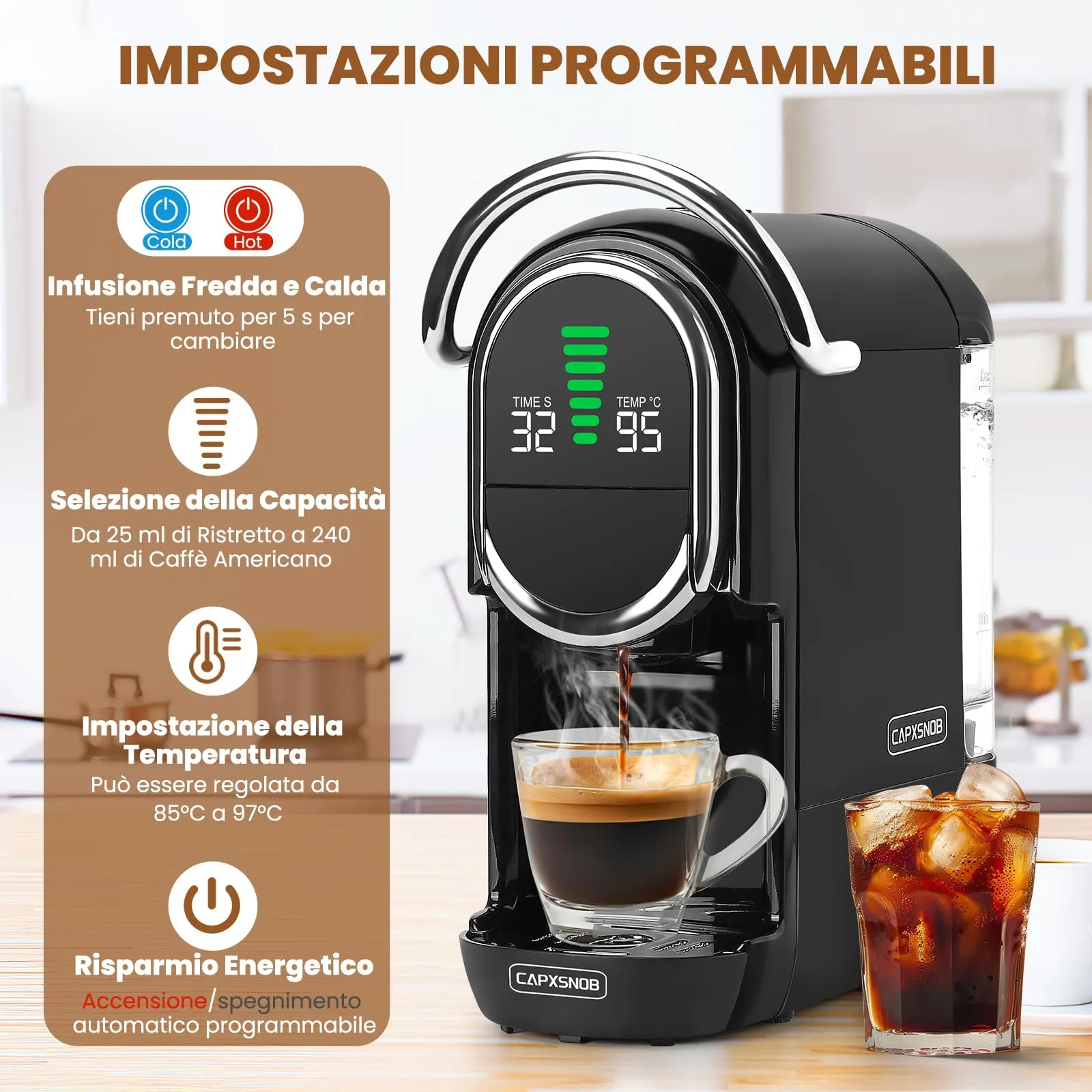 CAPXSNOB Magician1 Mini Macchina da Caffè 5in1 per Nespresso Originali, Dolce Gusto, Lavazza A Modo Mio, ESE 44 e Caffè Macinato, 20 Bar, 1450W, Display LED - immagine 7