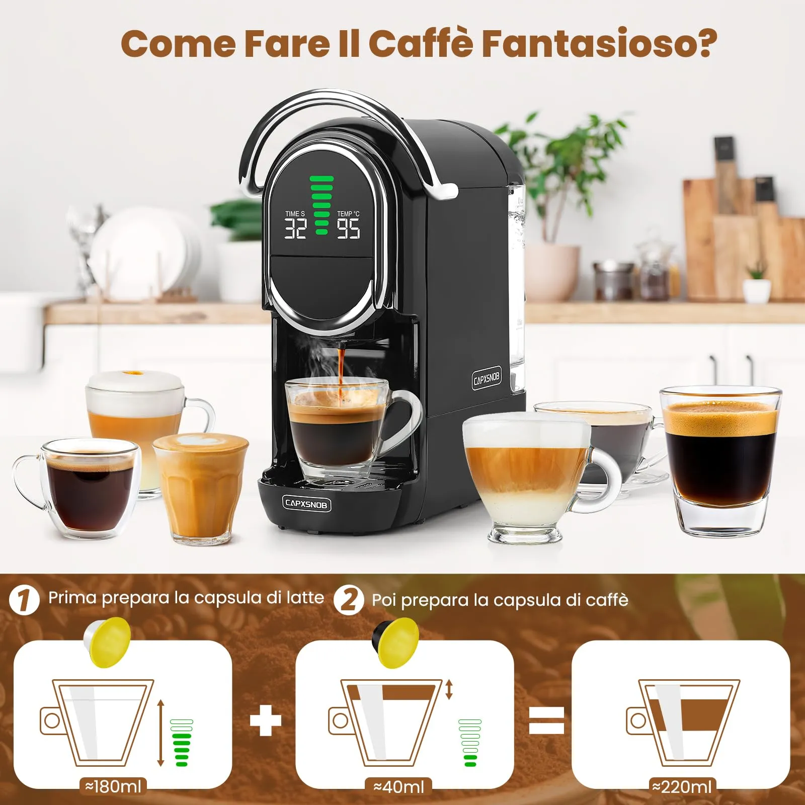 CAPXSNOB Magician1 Mini Macchina da Caffè 5in1 per Nespresso Originali, Dolce Gusto, Lavazza A Modo Mio, ESE 44 e Caffè Macinato, 20 Bar, 1450W, Display LED - immagine 8