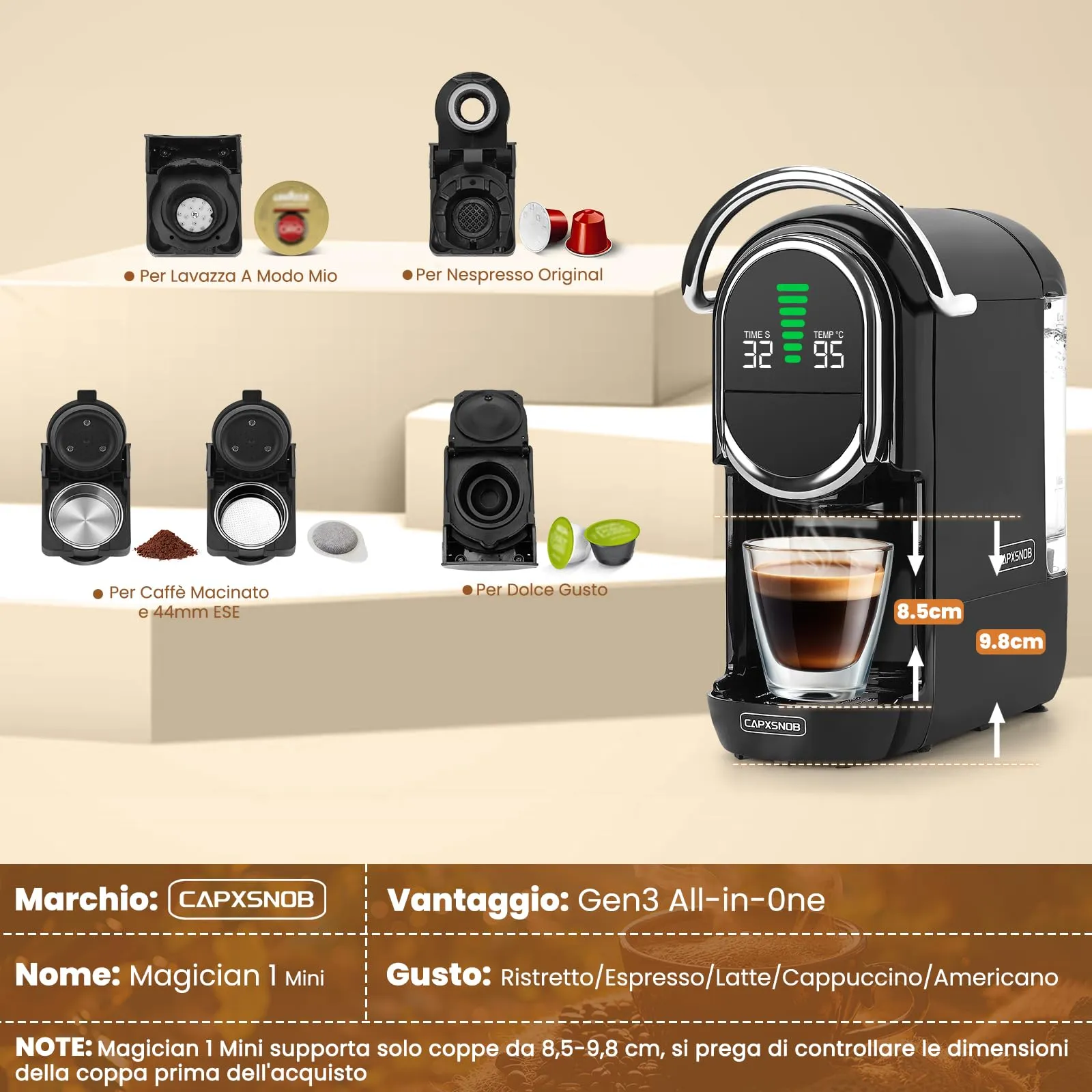 CAPXSNOB Magician1 Mini Macchina da Caffè 5in1 per Nespresso Originali, Dolce Gusto, Lavazza A Modo Mio, ESE 44 e Caffè Macinato, 20 Bar, 1450W, Display LED - immagine 9
