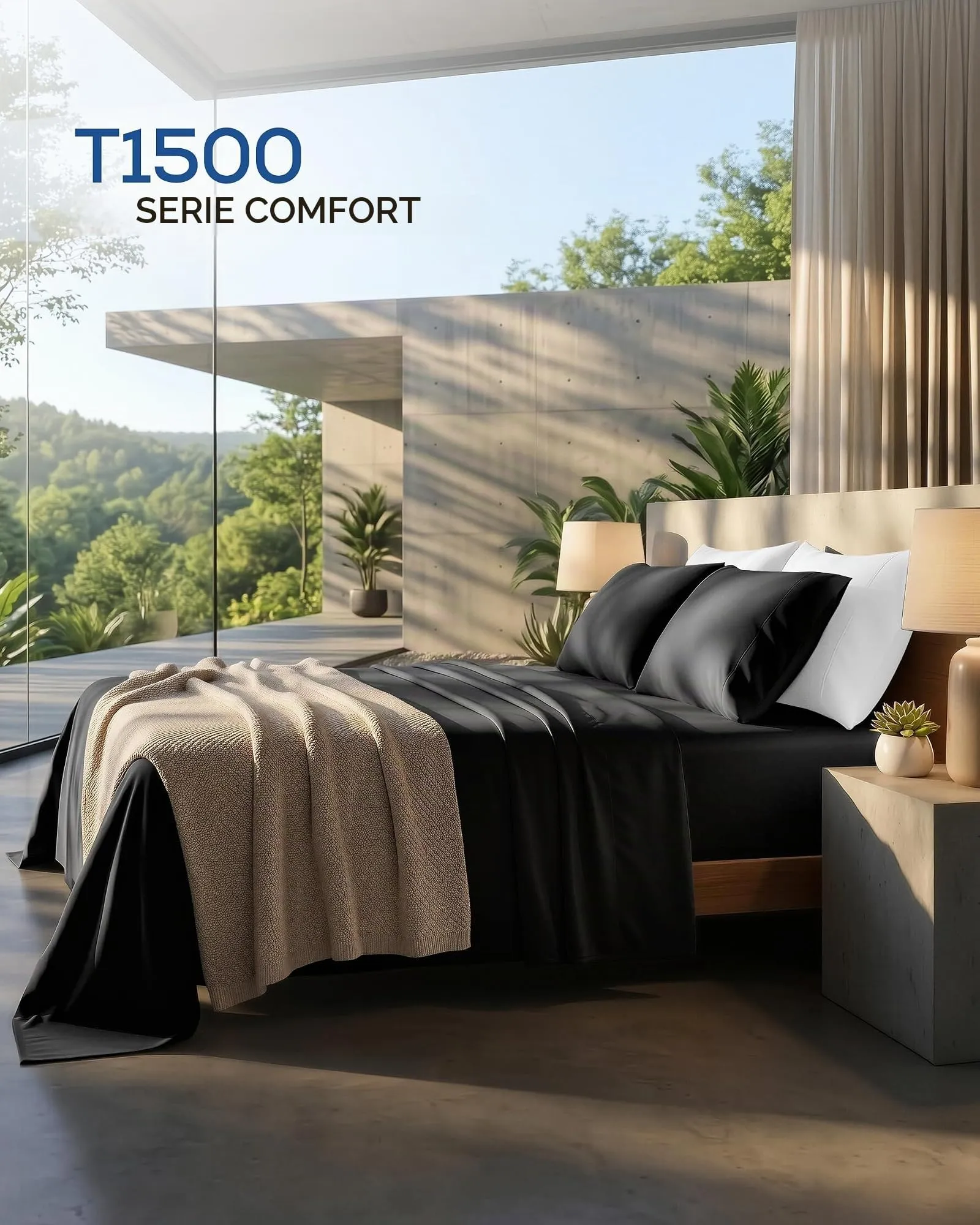 Utopia Bedding Set di lenzuola in microfibra spazzolata, 4 pezzi, tasca profonda 38,1 cm, Matrimoniale, Nero - immagine 2