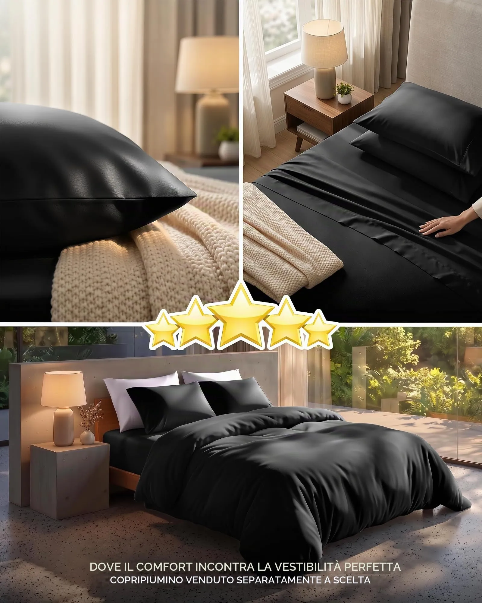 Utopia Bedding Set di lenzuola in microfibra spazzolata, 4 pezzi, tasca profonda 38,1 cm, Matrimoniale, Nero - immagine 6